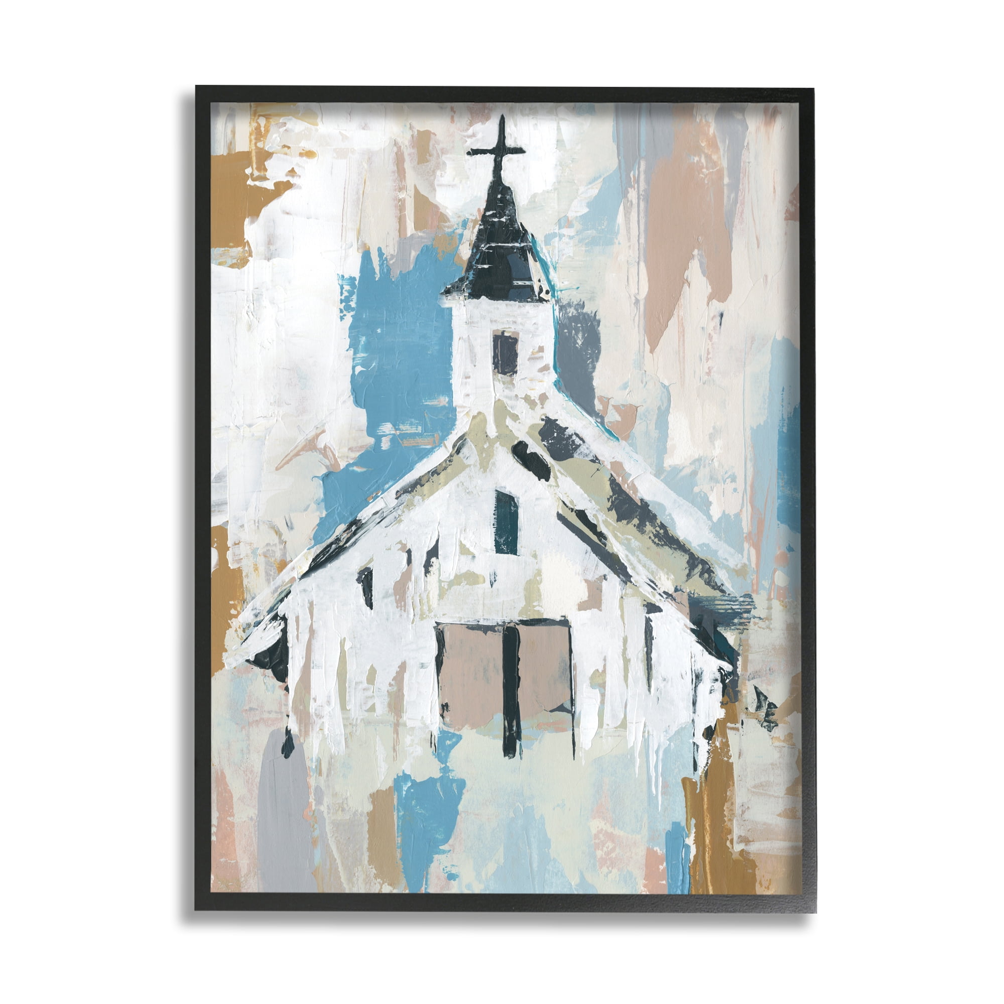 Stupell Industries Distressed Country Church House Abstract Pattern Religious Painting Black Framed Art Print Wall Art, 16 x 20