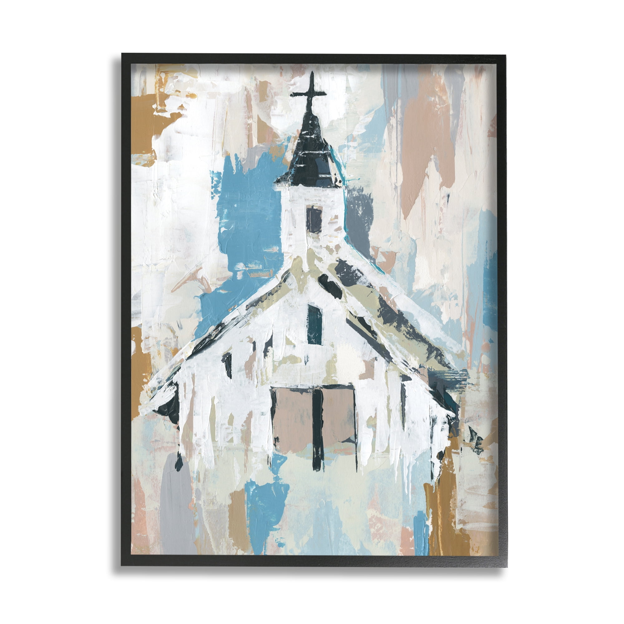 Stupell Industries Distressed Country Church House Abstract Pattern Religious Painting Black Framed Art Print Wall Art, 24 x 30