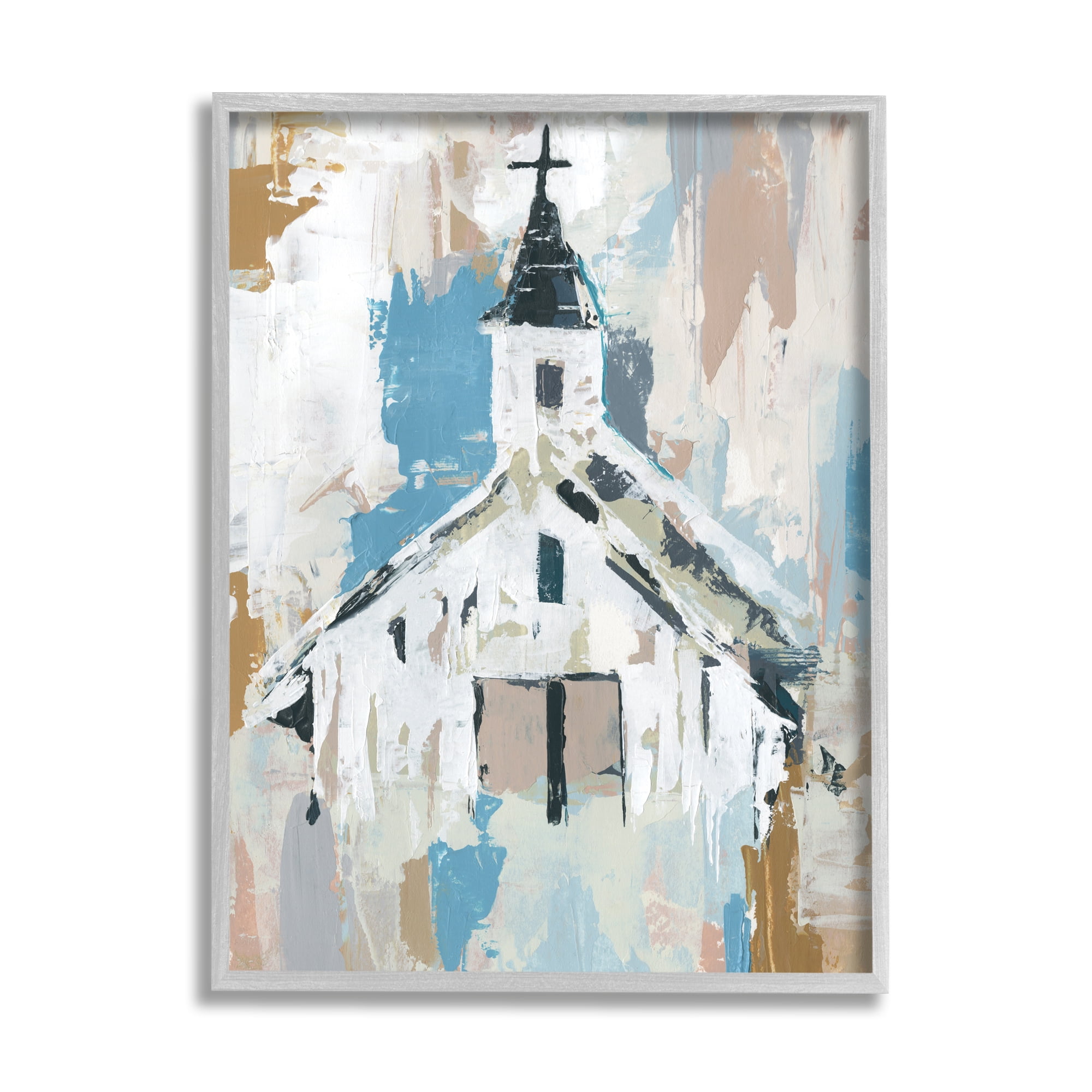 Stupell Industries Distressed Country Church House Abstract Pattern Religious Painting Gray Framed Art Print Wall Art, 16 x 20