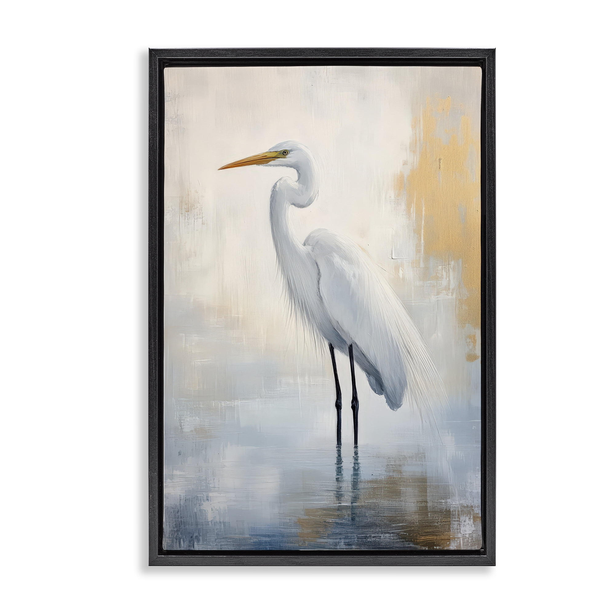 Stupell Industries Distressed Egret with Misty Reflection Black Framed Floater Canvas Wall Art, design by Petal Prints Design