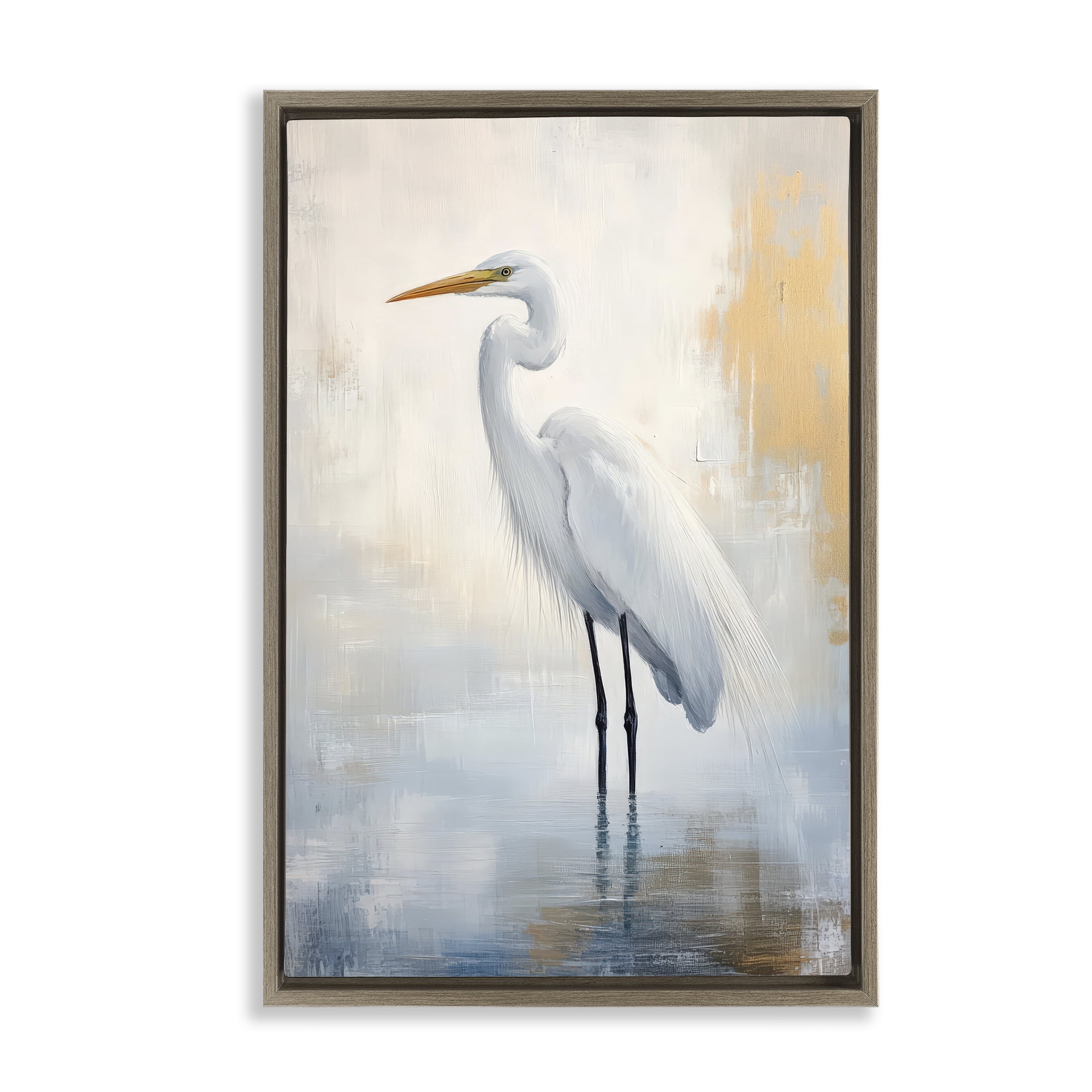 Stupell Industries Distressed Egret with Misty Reflection Brown Framed Floater Canvas Wall Art, design by Petal Prints Design