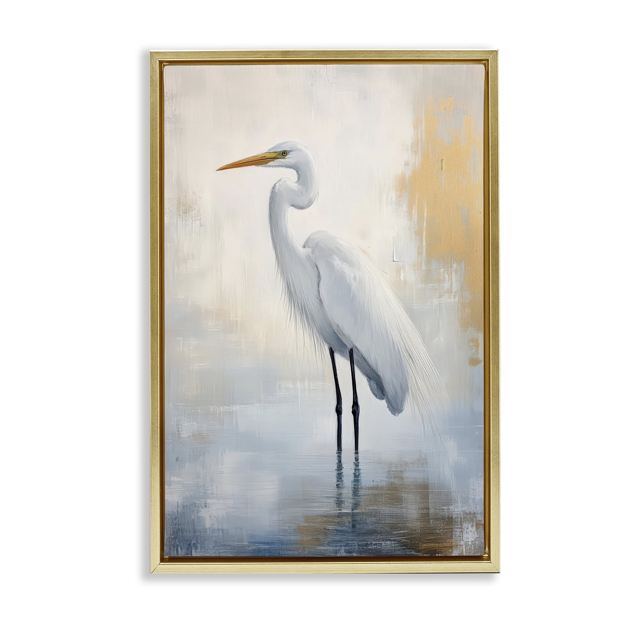 Stupell Industries Distressed Egret with Misty Reflection Gold Framed Floater Canvas Wall Art, design by Petal Prints Design