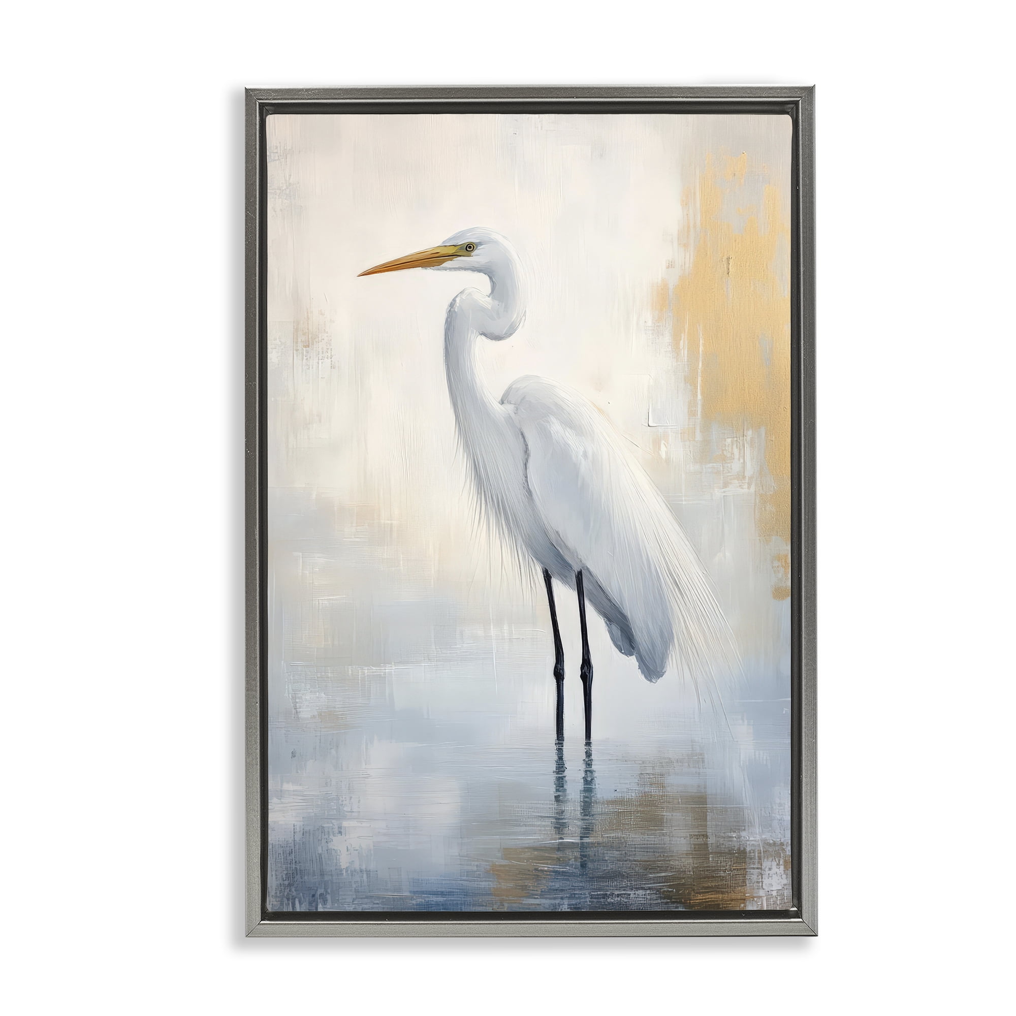 Stupell Industries Distressed Egret with Misty Reflection Gray Framed Floater Canvas Wall Art, design by Petal Prints Design