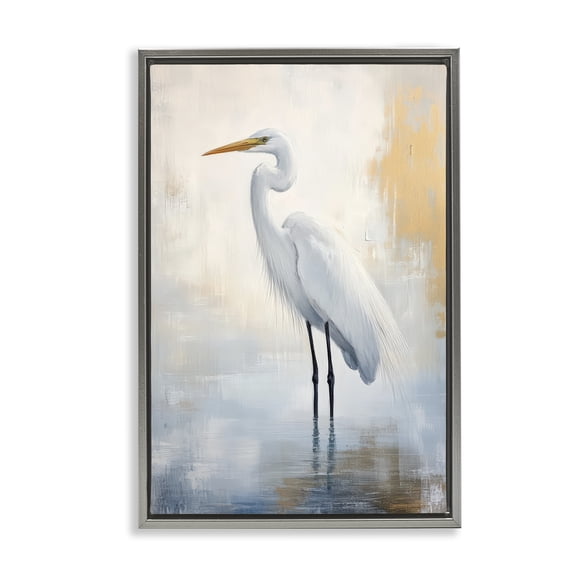 Stupell Industries Coastal Distressed Egret with Misty Reflection Gray Floating Frame Canvas Art, 21 x 31, by Petals Prints Design