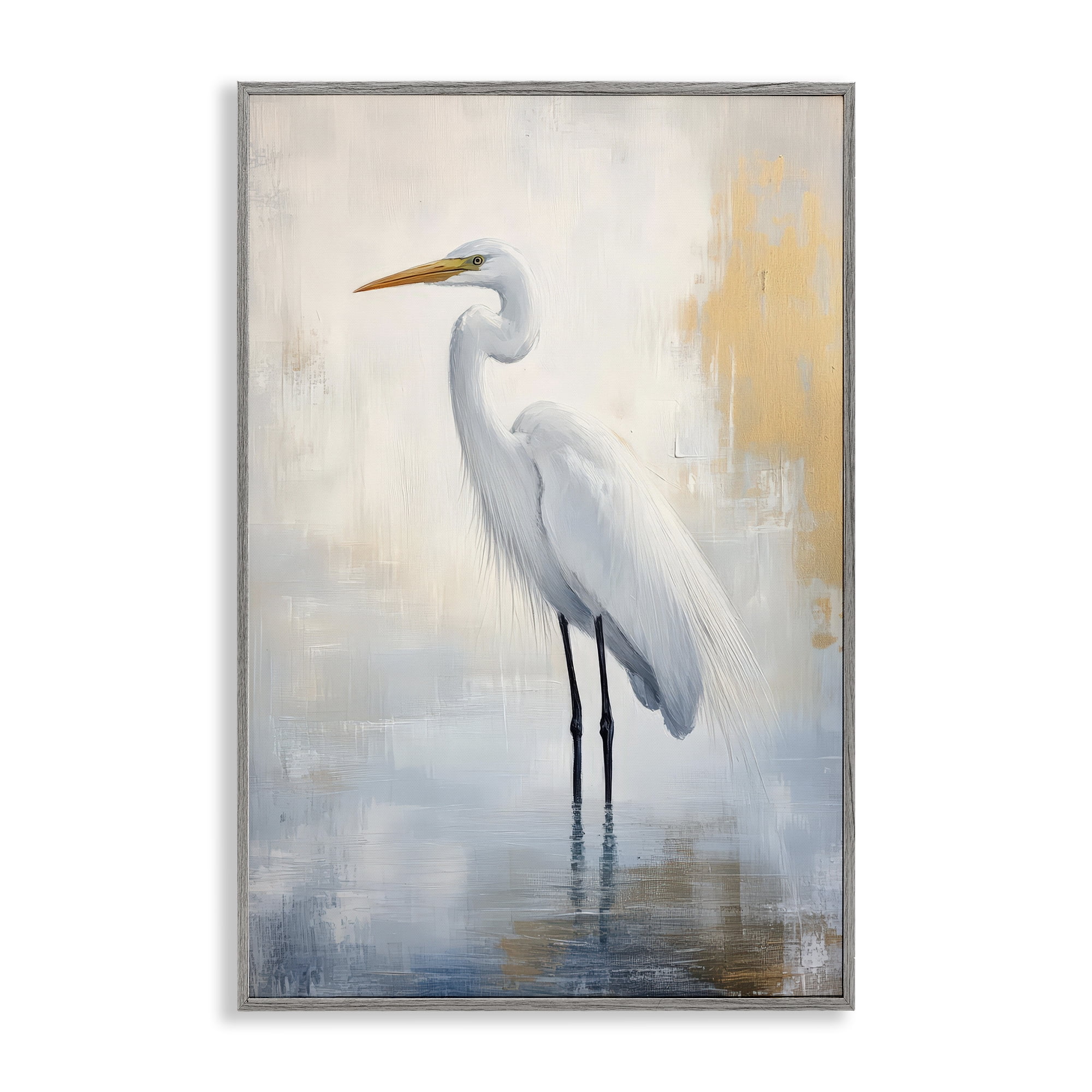 Stupell Industries Distressed Egret with Misty Reflection Gray Framed Giclee Art, design by Petal Prints Design