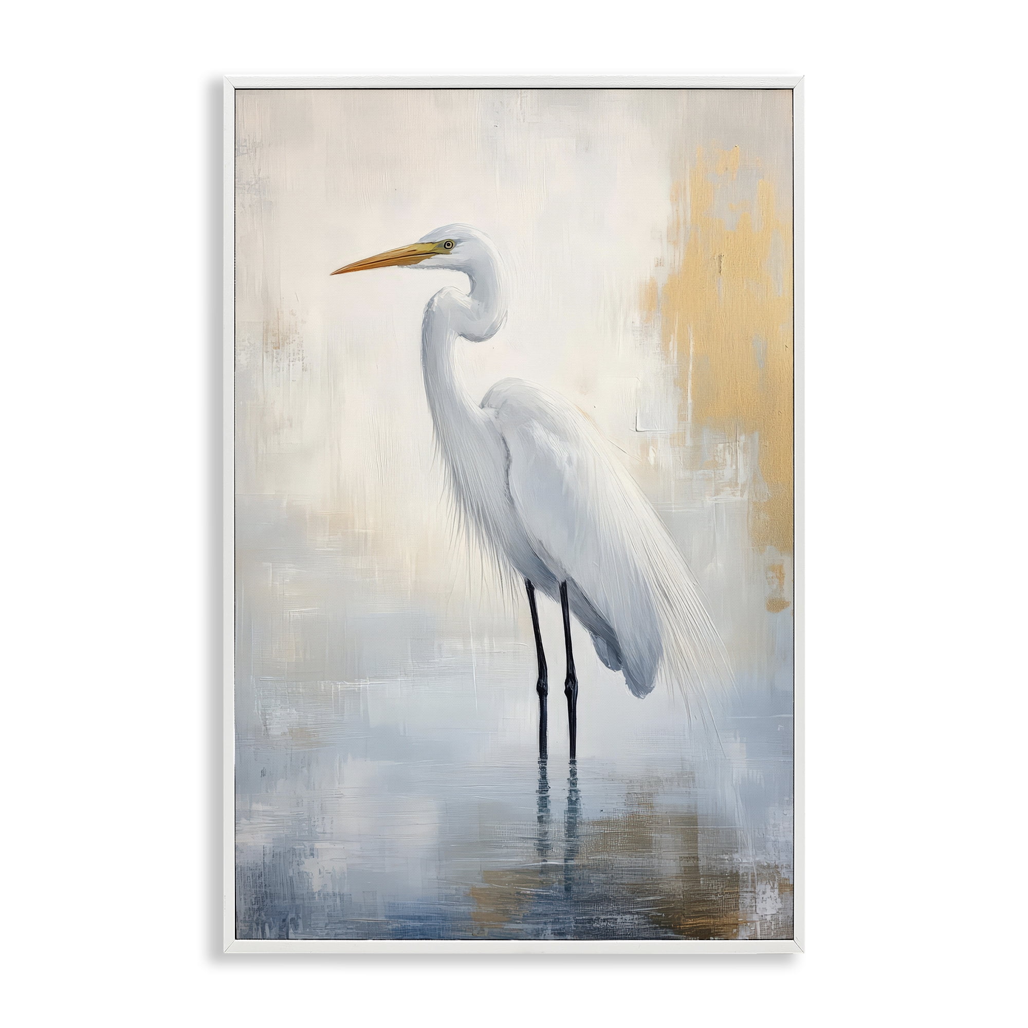 Stupell Industries Distressed Egret with Misty Reflection White Framed Giclee Art, design by Petal Prints Design