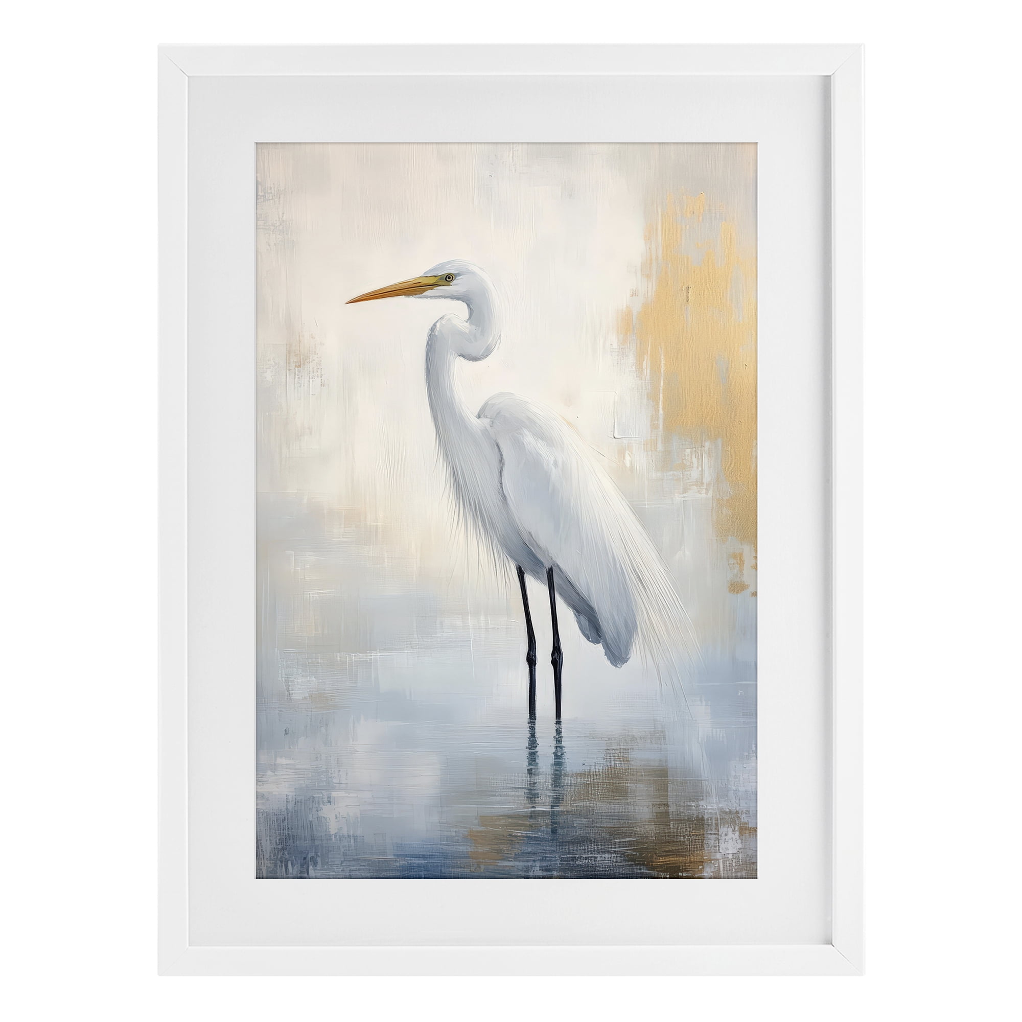 Stupell Industries Distressed Egret with Misty Reflection White Framed Print Under Glass, design by Petal Prints Design