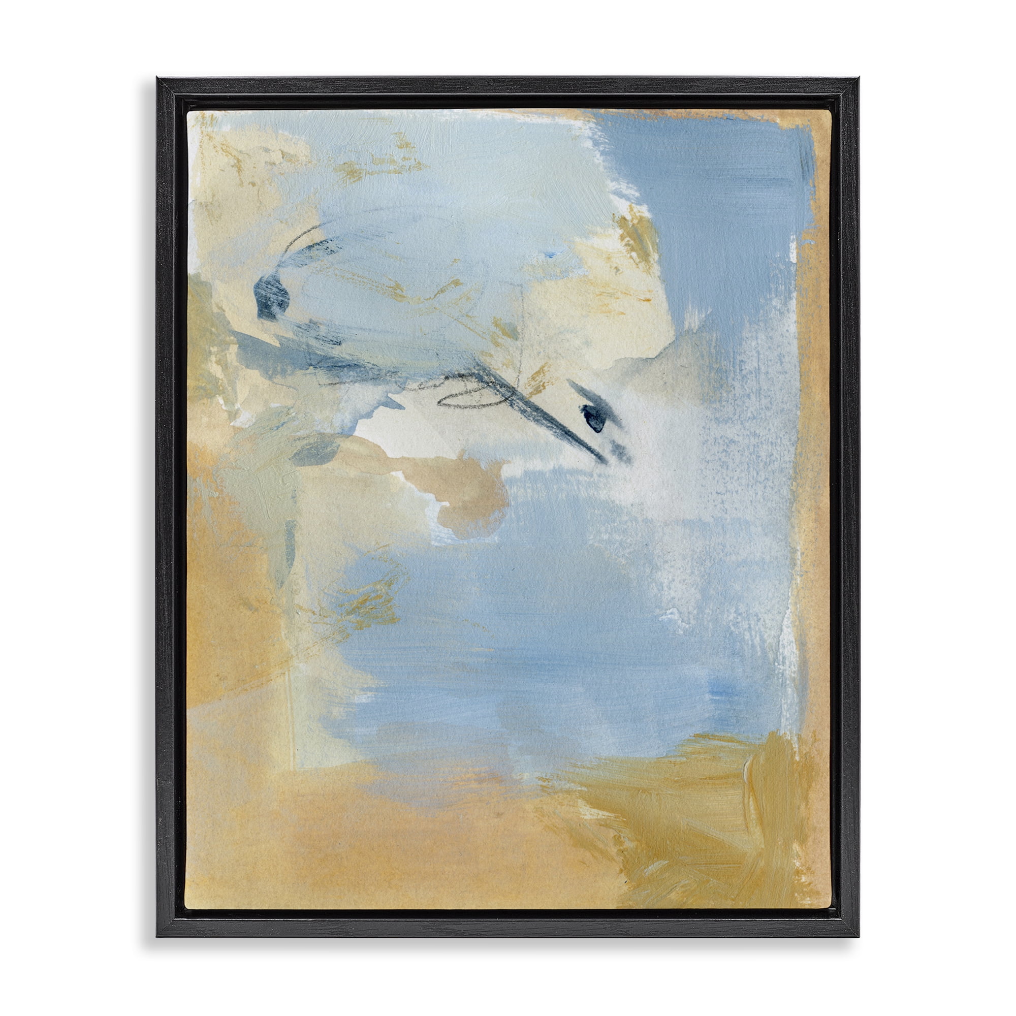 Stupell Industries Distressed Gold & Blue Abstract Painting Black Floater Framed Canvas Art Print Wall Art, 17 x 21
