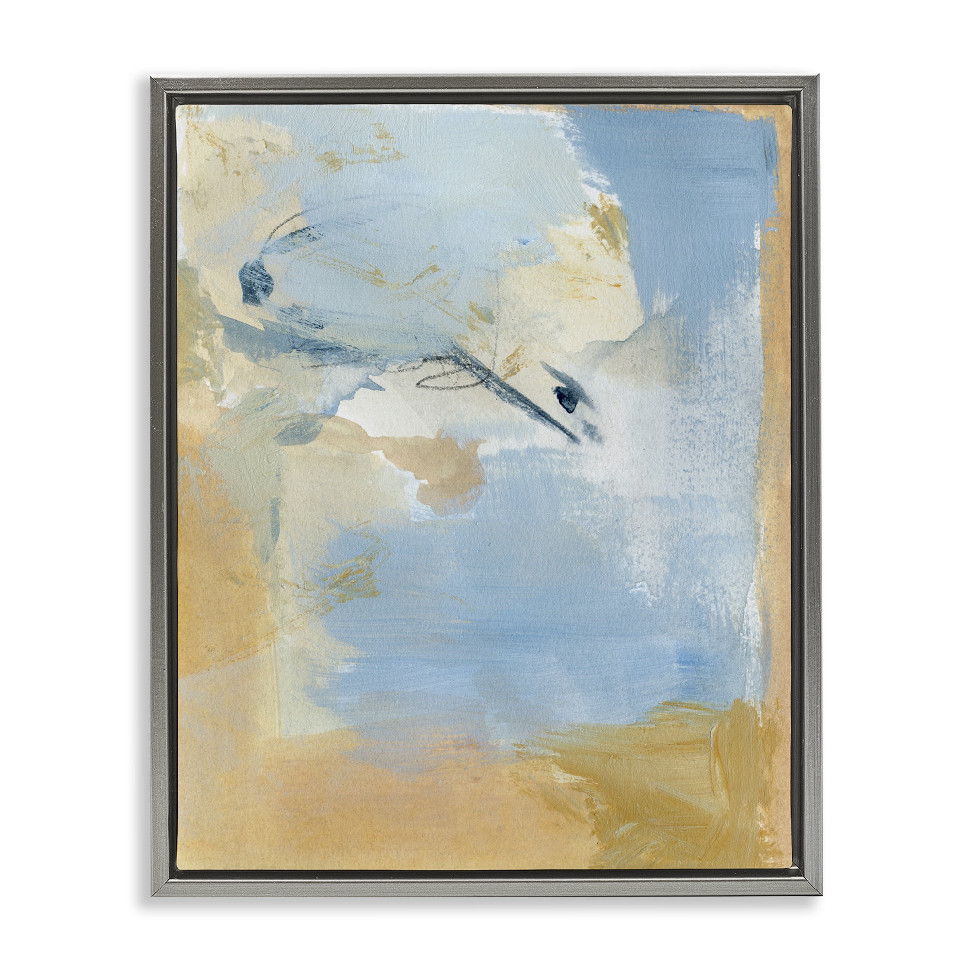 Stupell Industries Distressed Gold & Blue Abstract Painting Gray Floater Framed Canvas Art Print Wall Art, 17 x 21