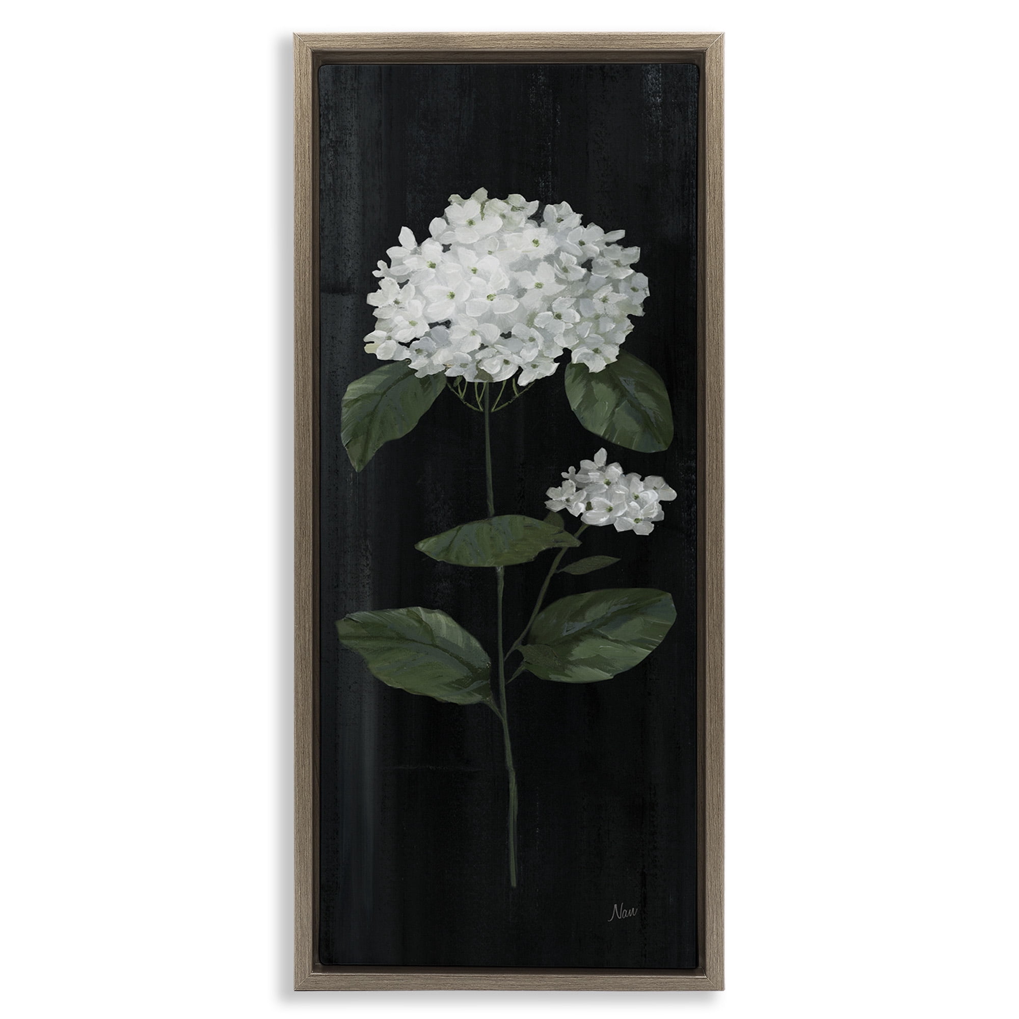 Stupell Industries Distressed Hydrangea Flower Blossom Botanical & Floral Painting Brown Floater Framed Canvas Art Print Wall Art, 15 x 31