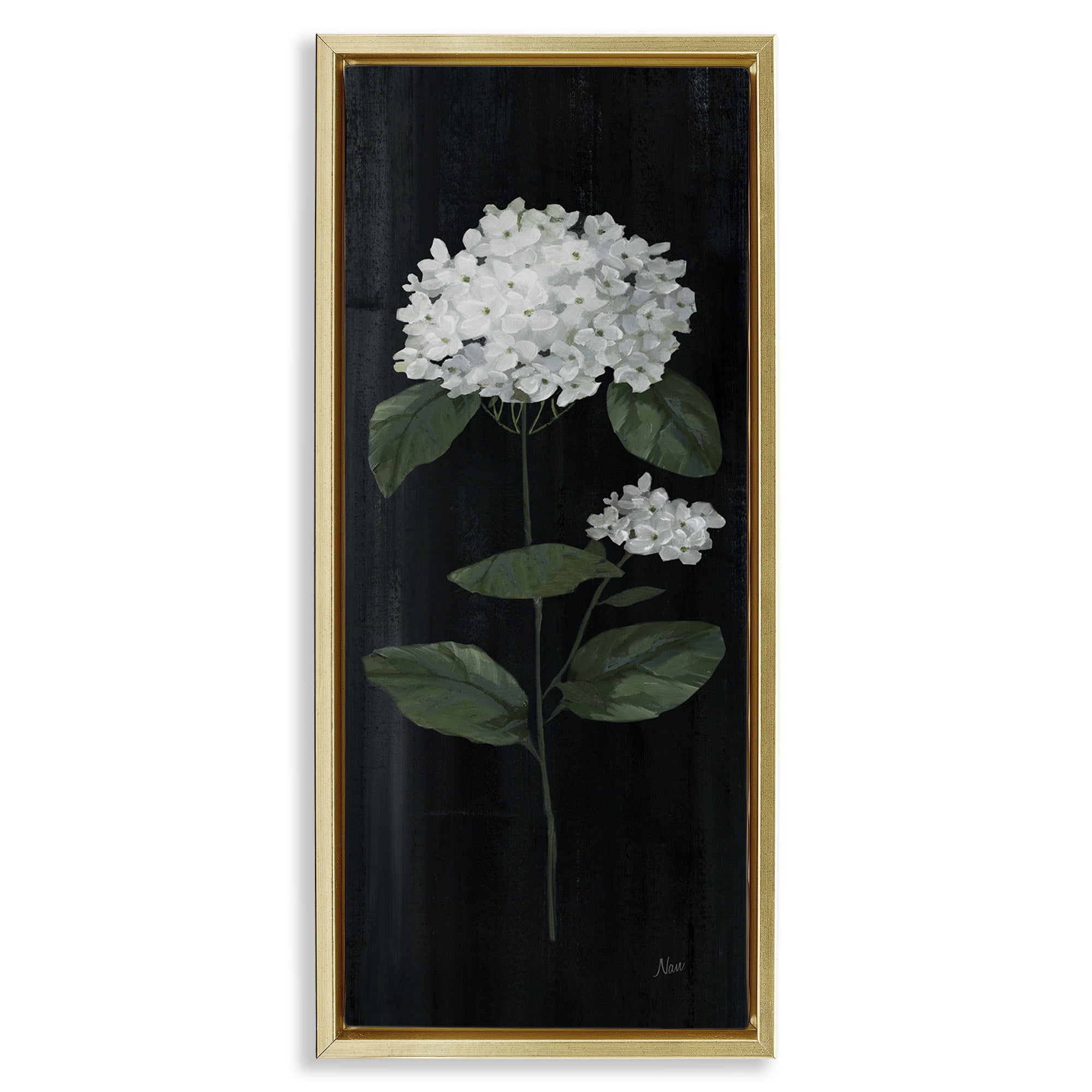 Stupell Industries Distressed Hydrangea Flower Blossom Botanical & Floral Painting Gold Floater Framed Canvas Art Print Wall Art, 15 x 31