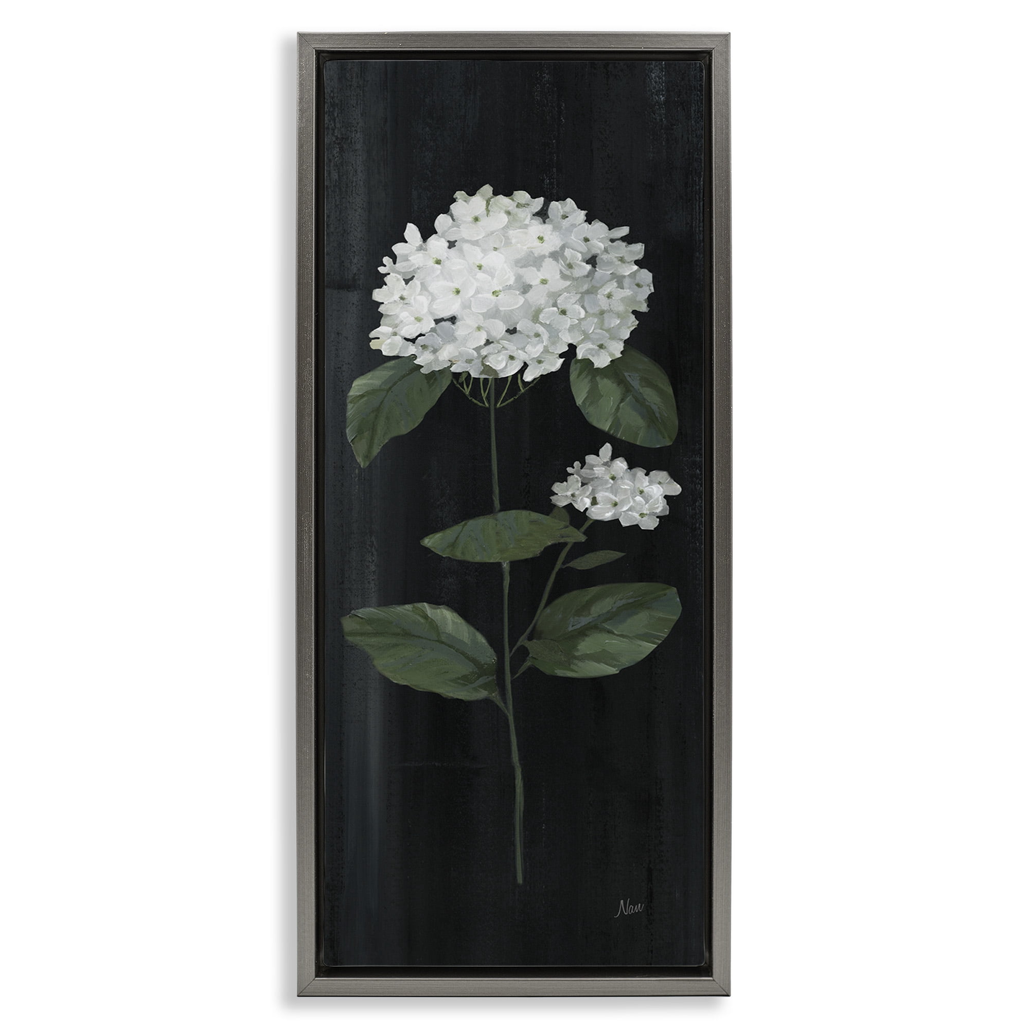 Stupell Industries Distressed Hydrangea Flower Blossom Botanical & Floral Painting Gray Floater Framed Canvas Art Print Wall Art, 11 x 25