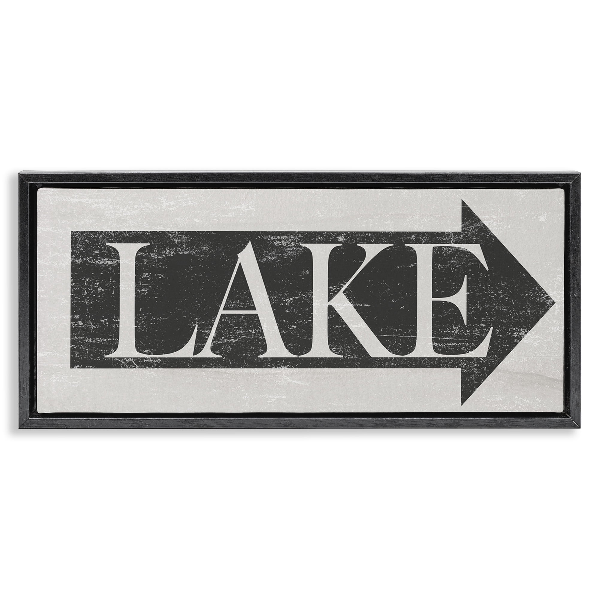 Stupell Industries Distressed Lake Arrow Sign Nature Painting Black Floater Framed Canvas Art Print Wall Art, 25 x 11