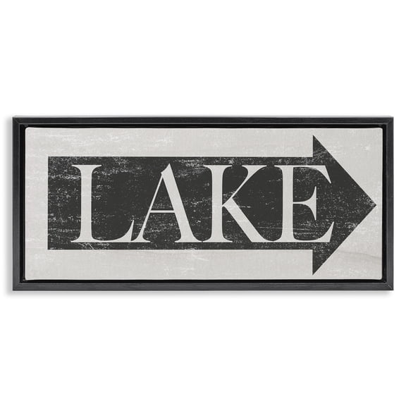 Stupell Industries Distressed Lake Arrow Sign Nature Painting Black Floater Framed Canvas Art Print Wall Art, 25 x 11