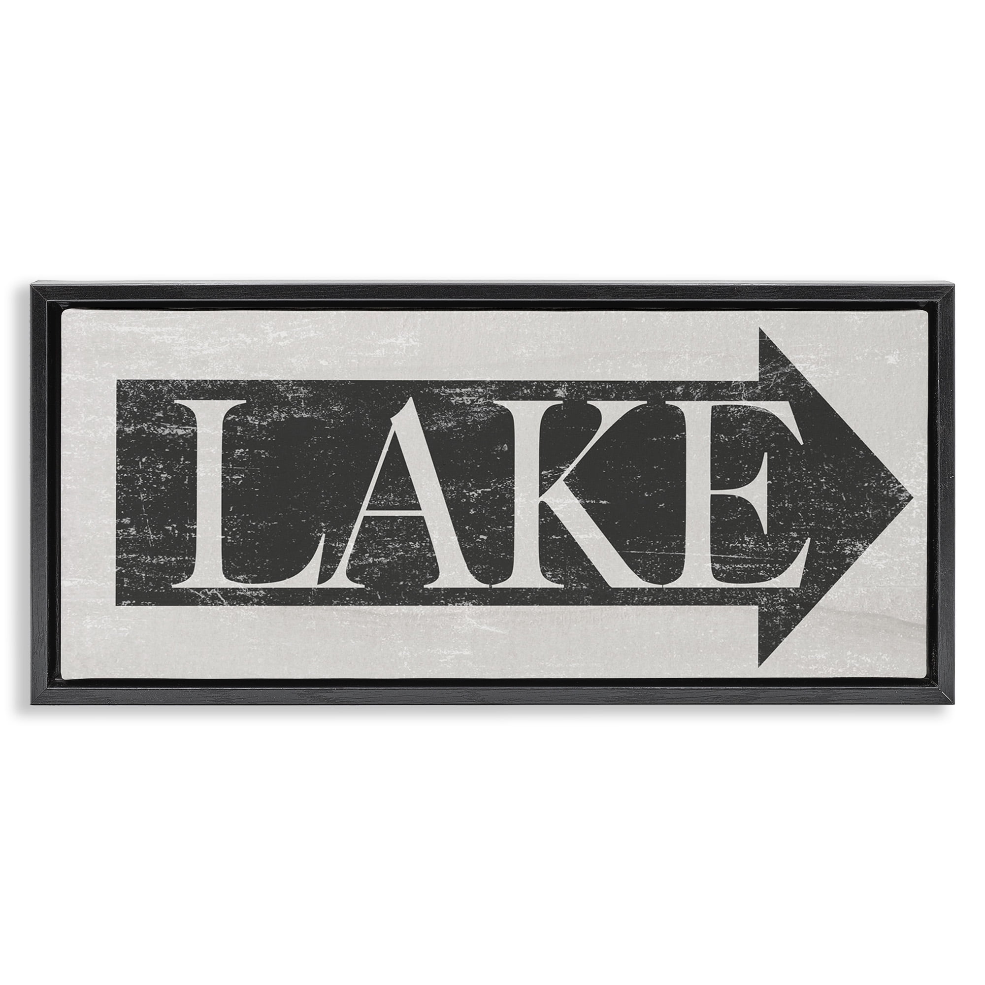 Stupell Industries Distressed Lake Arrow Sign Nature Painting Black Floater Framed Canvas Art Print Wall Art, 31 x 14