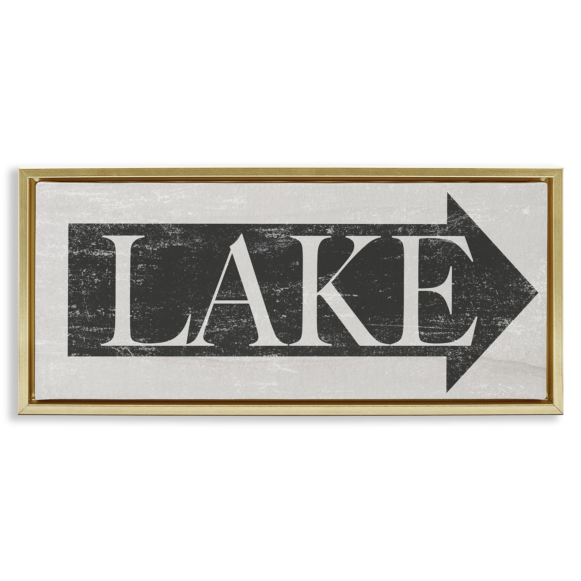 Stupell Industries Distressed Lake Arrow Sign Nature Painting Gold Floater Framed Canvas Art Print Wall Art, 25 x 11