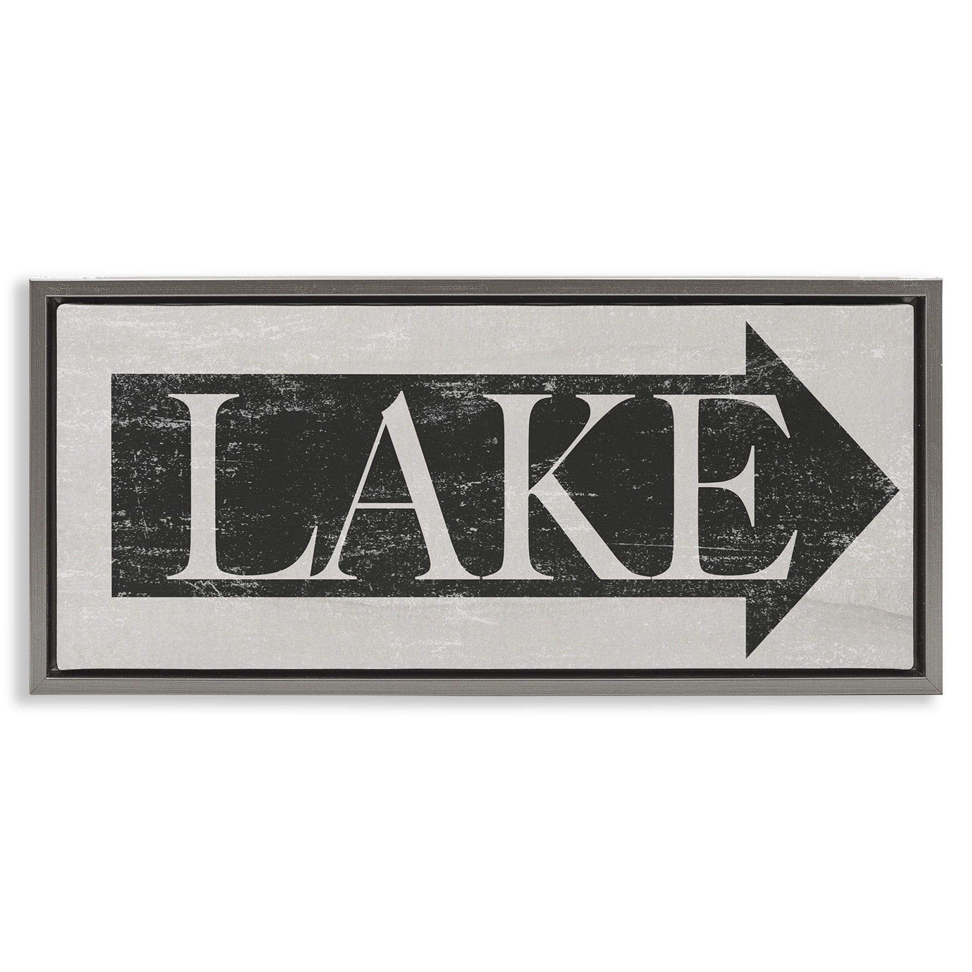 Stupell Industries Distressed Lake Arrow Sign Nature Painting Gray Floater Framed Canvas Art Print Wall Art, 25 x 11