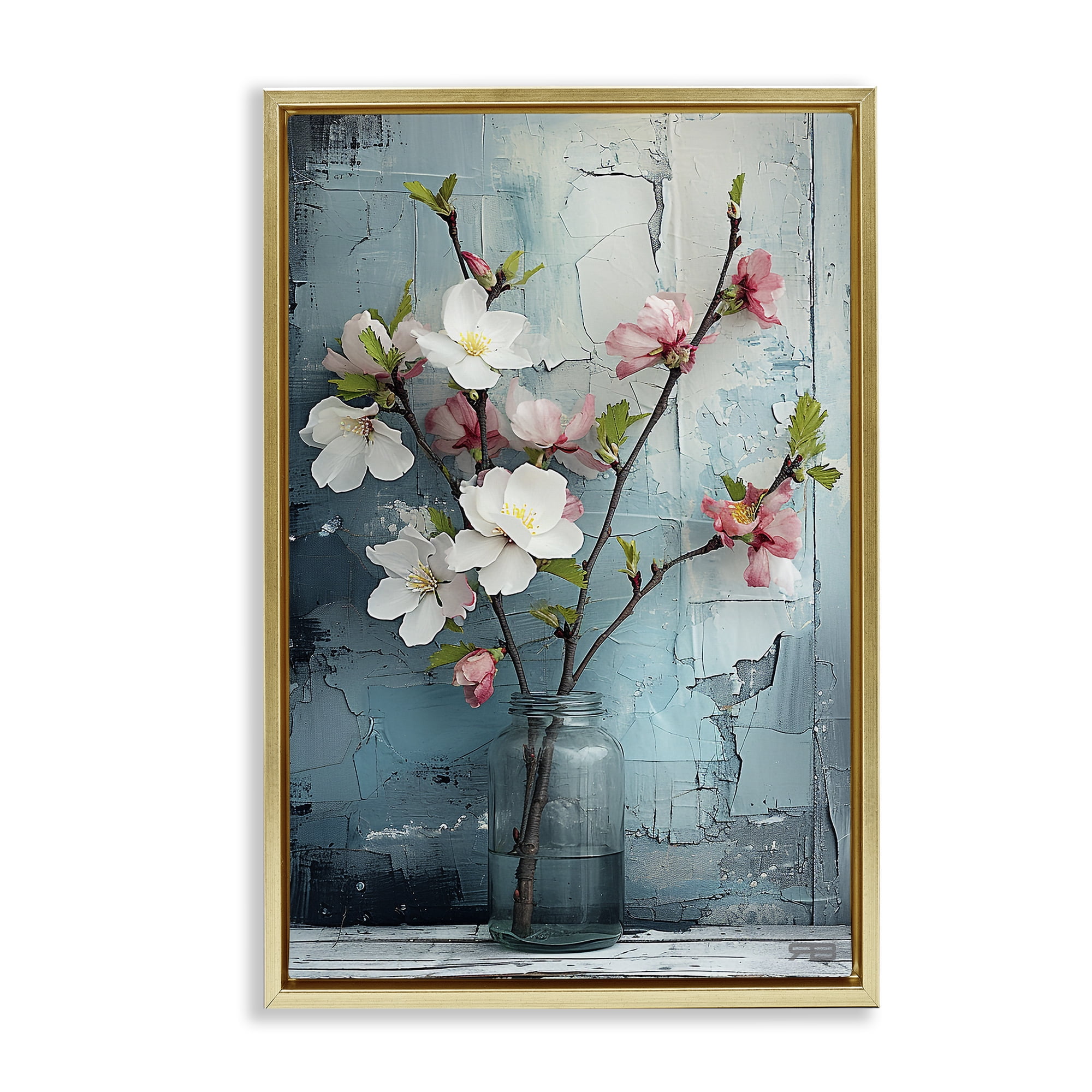 Stupell Industries Distressed Magnolia Vase Botanical & Floral Painting Gold Floater Framed Art Print Wall Art, 17 x 25