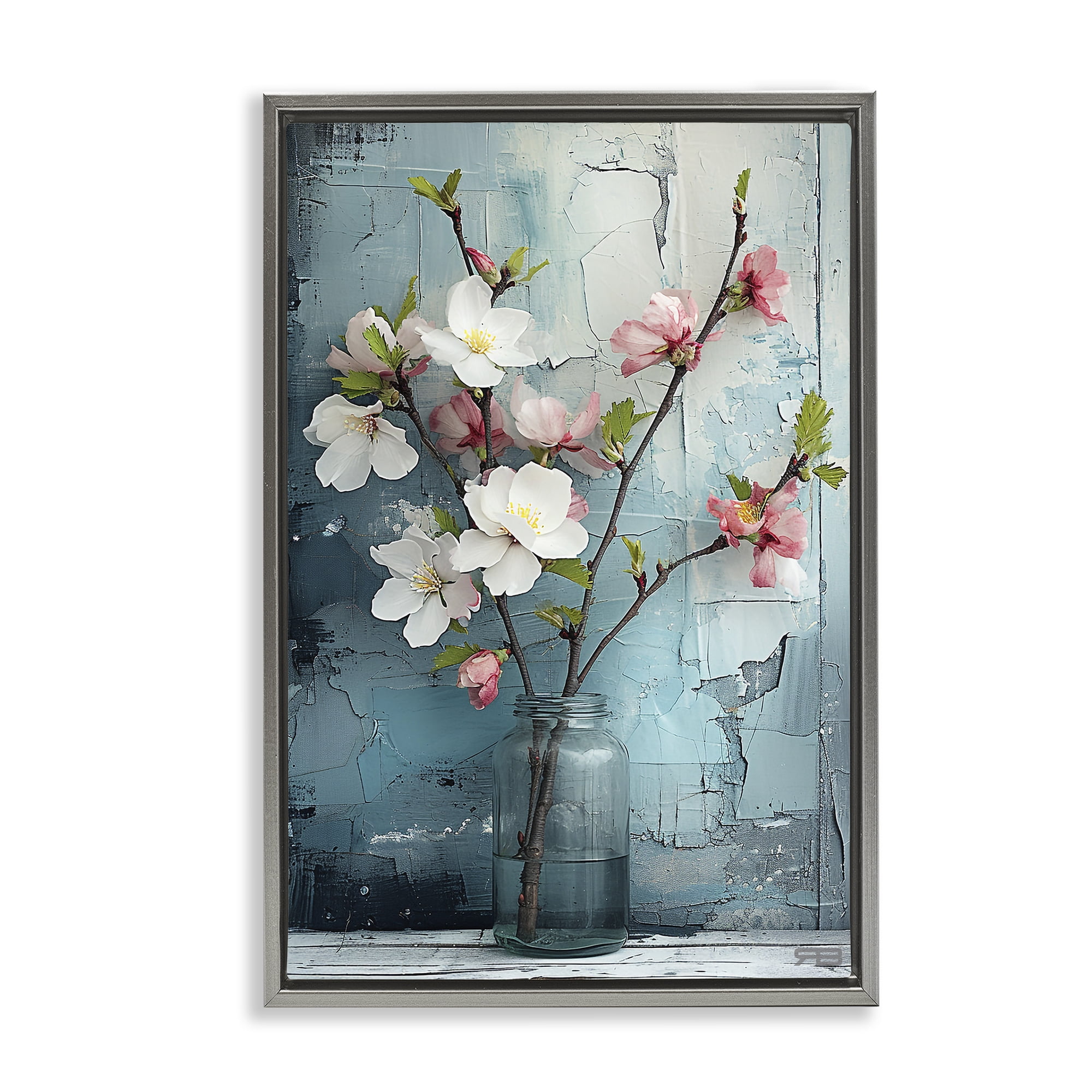 Stupell Industries Distressed Magnolia Vase Botanical & Floral Painting Gray Floater Framed Art Print Wall Art, 17 x 25