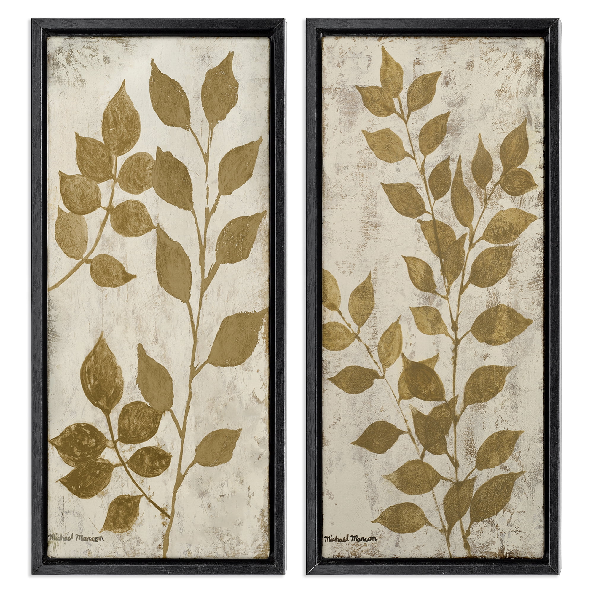 Stupell Industries Distressed Natural Leaves Floral & Botanical Painting Black Floater Framed Canvas Art Print Wall Art, 11 x 25, Set of 2