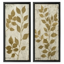 Stupell Industries Distressed Natural Leaves Floral & Botanical Painting Black Floater Framed Canvas Art Print Wall Art, 11 x 25, Set of 2