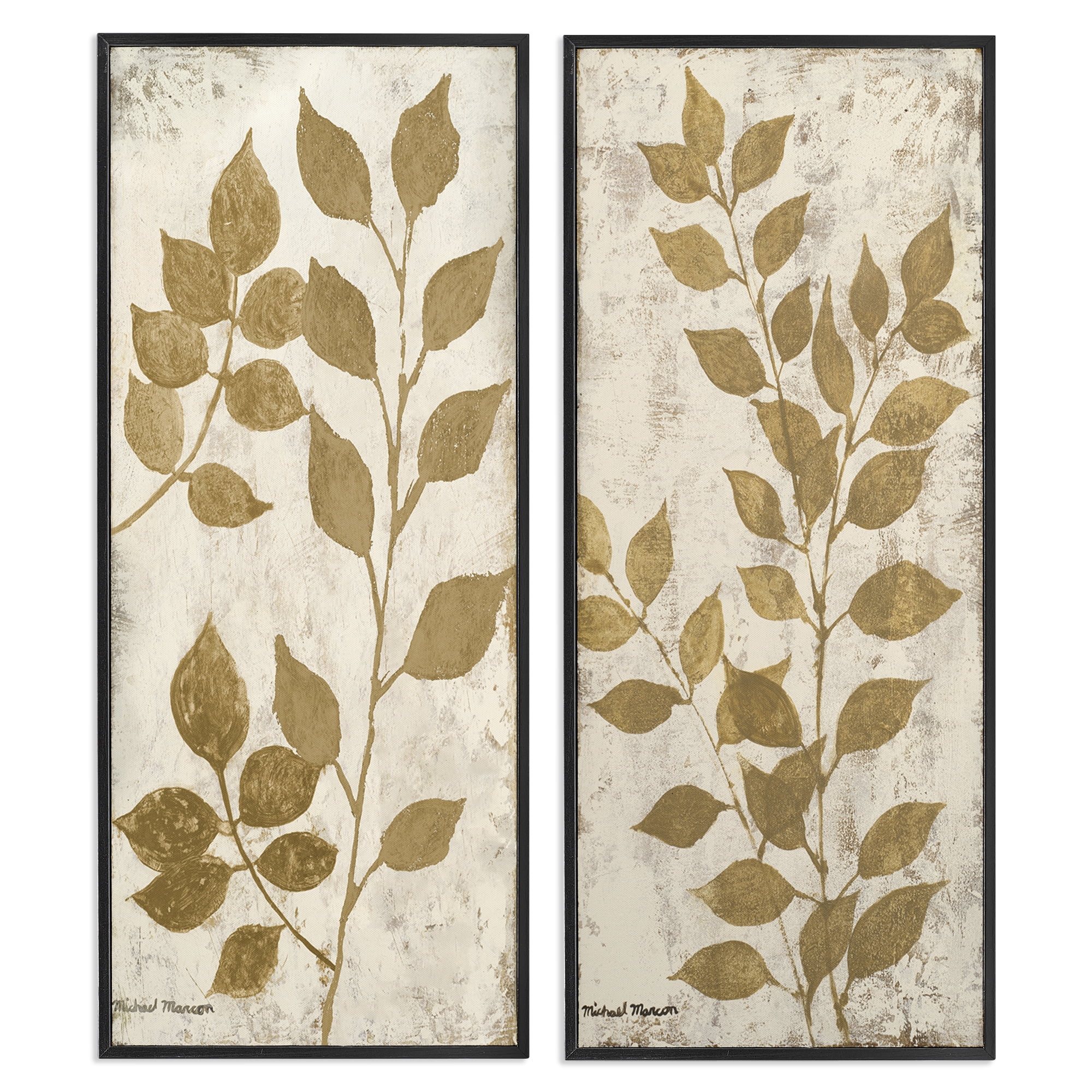 Stupell Industries Distressed Natural Leaves Floral & Botanical Painting Black Framed Art Print Wall Art, 13 x 30, Set of 2