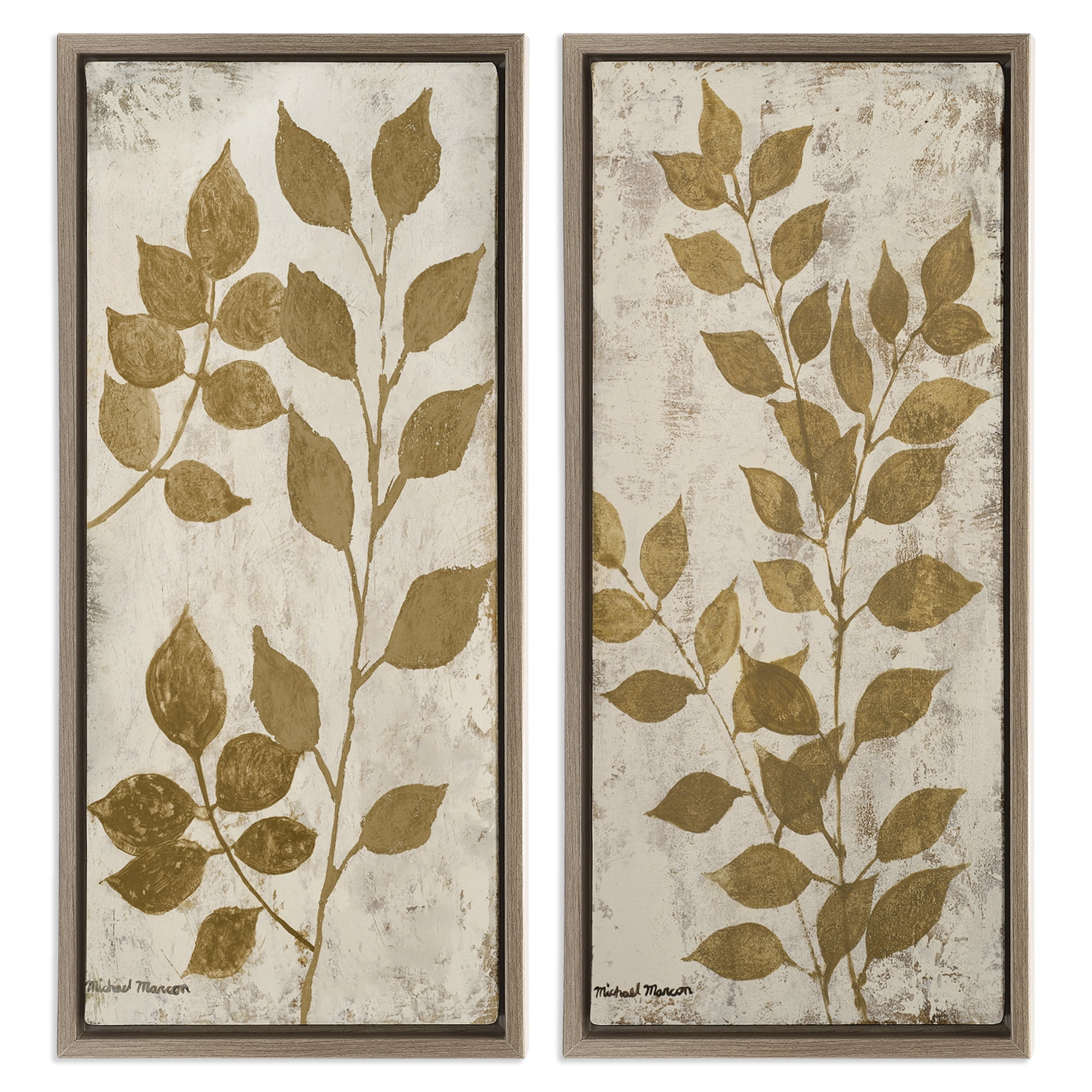Stupell Industries Distressed Natural Leaves Floral & Botanical Painting Brown Floater Framed Canvas Art Print Wall Art, 14 x 31, Set of 2