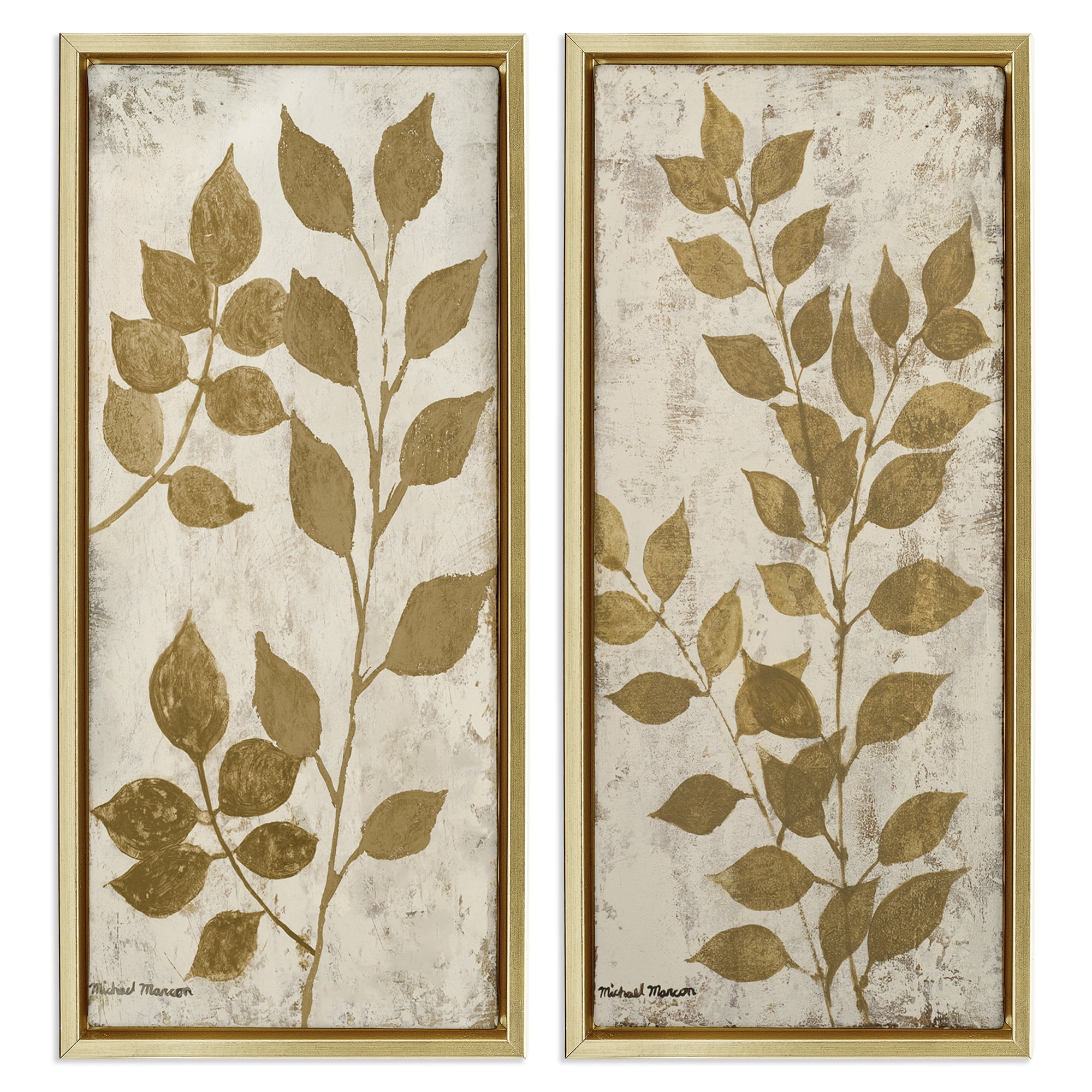 Stupell Industries Distressed Natural Leaves Floral & Botanical Painting Gold Floater Framed Canvas Art Print Wall Art, 14 x 31, Set of 2