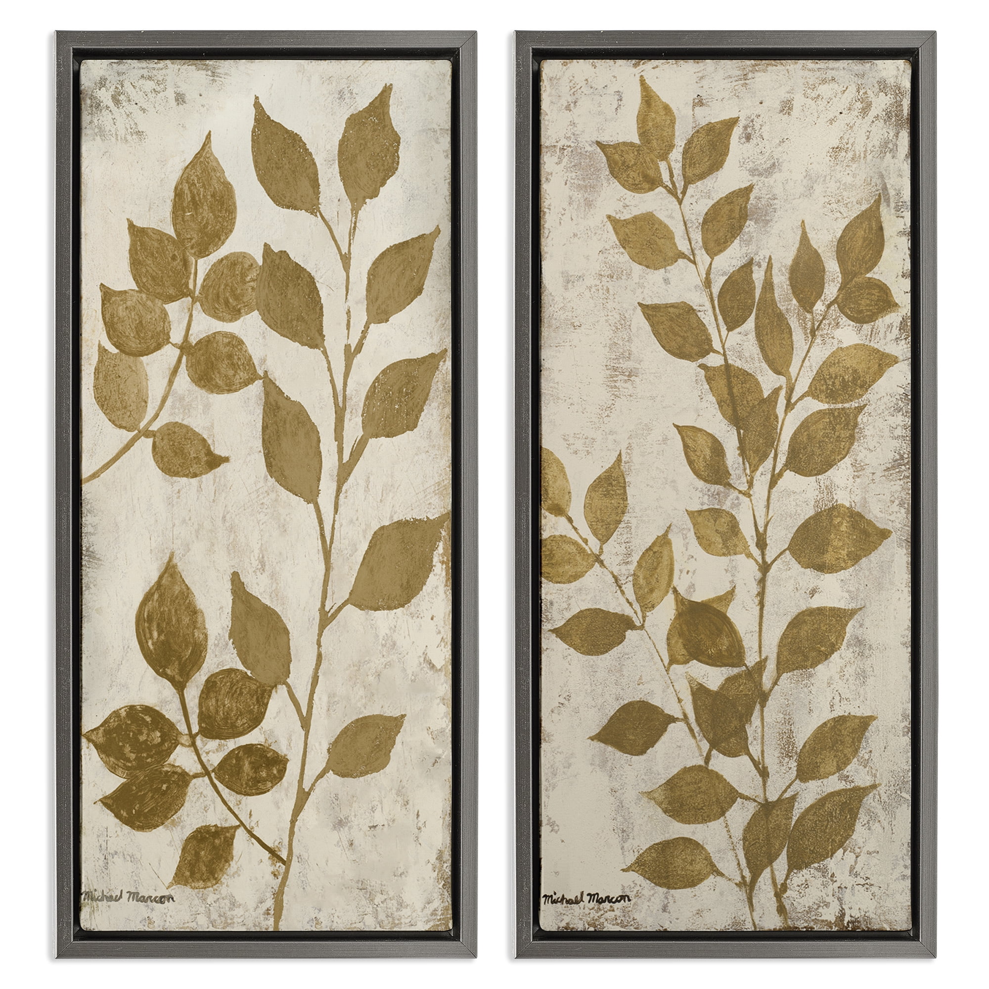 Stupell Industries Distressed Natural Leaves Floral & Botanical Painting Gray Floater Framed Canvas Art Print Wall Art, 11 x 25, Set of 2