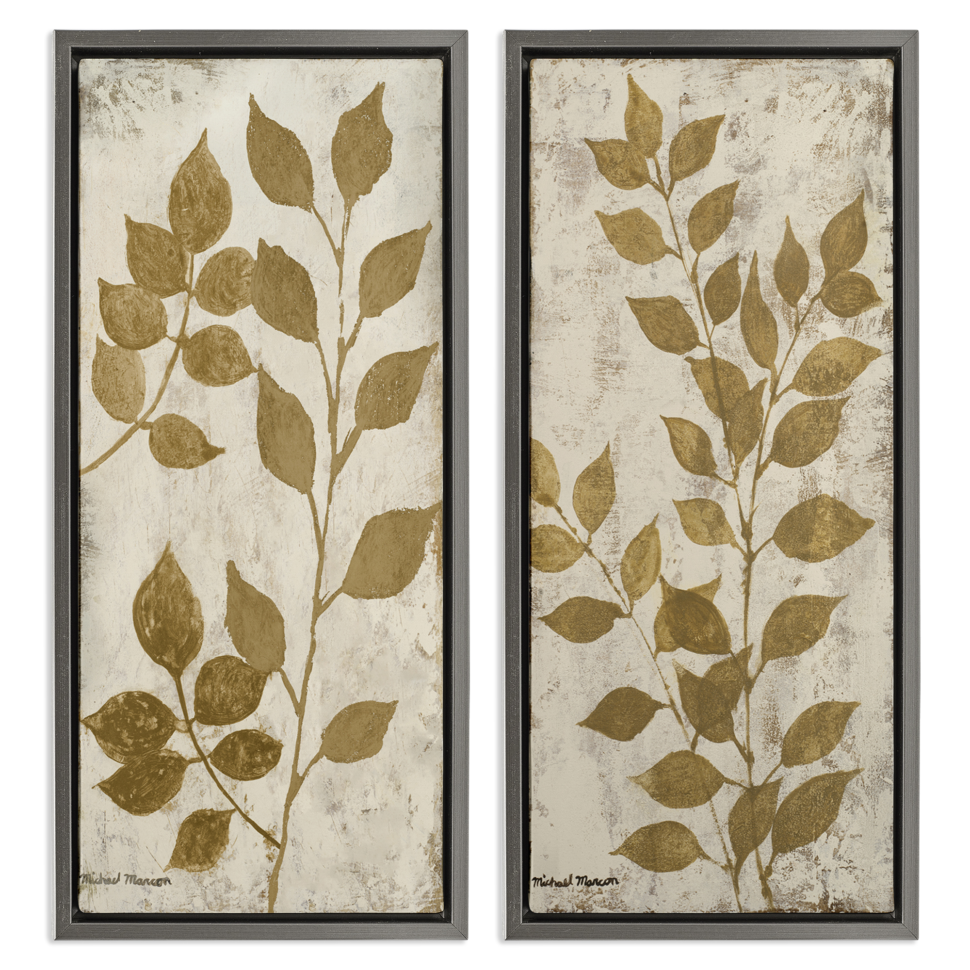 Stupell Industries Distressed Natural Leaves Floral & Botanical Painting Gray Floater Framed Canvas Art Print Wall Art, 14 x 31, Set of 2