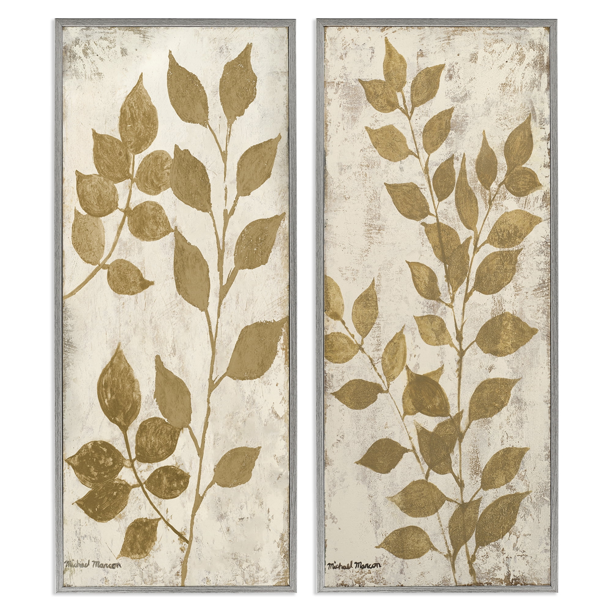 Stupell Industries Distressed Natural Leaves Floral & Botanical Painting Gray Framed Art Print Wall Art, 10 x 24, Set of 2