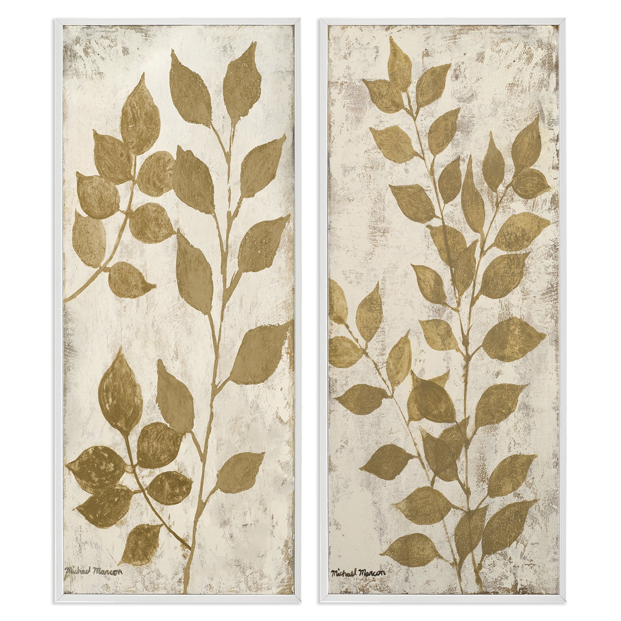 Stupell Industries Distressed Natural Leaves Floral & Botanical Painting White Framed Art Print Wall Art, 13 x 30, Set of 2