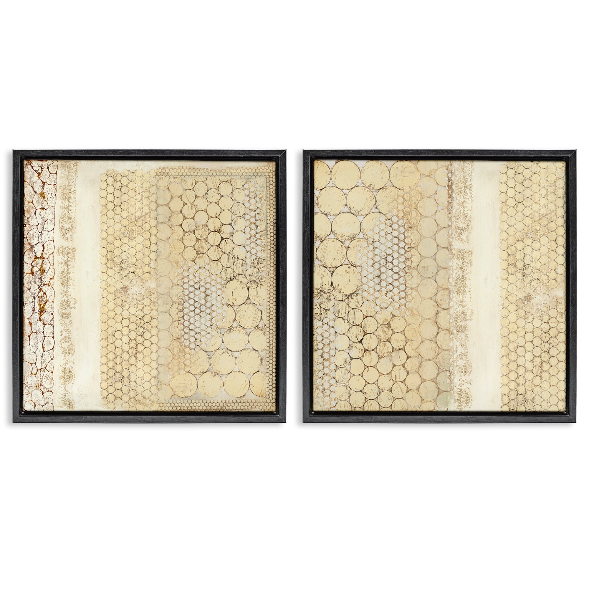 Stupell Industries Distressed Pale Yellow Circles Abstract Painting Black Floater Framed Canvas Art Print Wall Art, 18 x 18, Set of 2