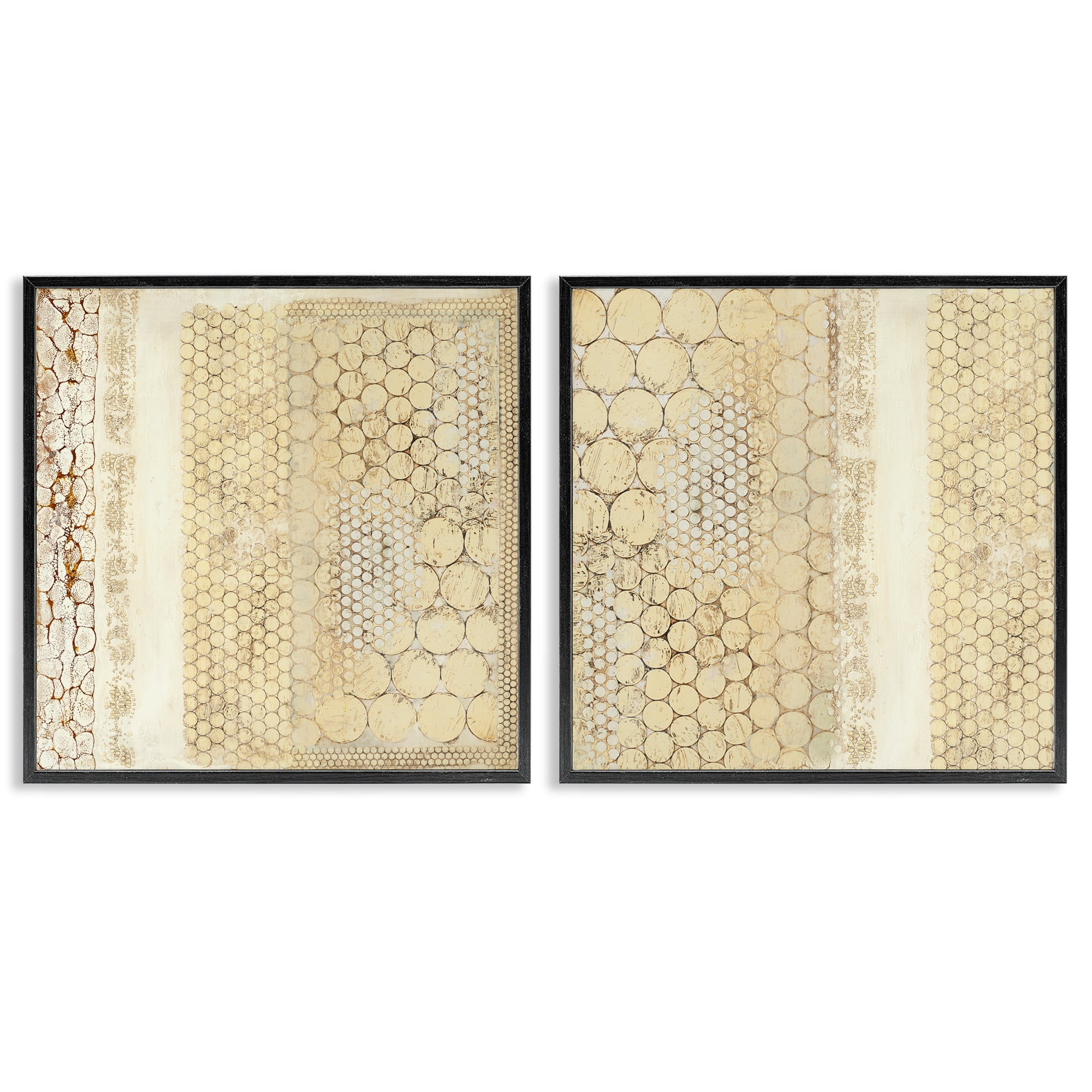Stupell Industries Distressed Pale Yellow Circles Abstract Painting Black Framed Art Print Wall Art, 12 x 12, Set of 2