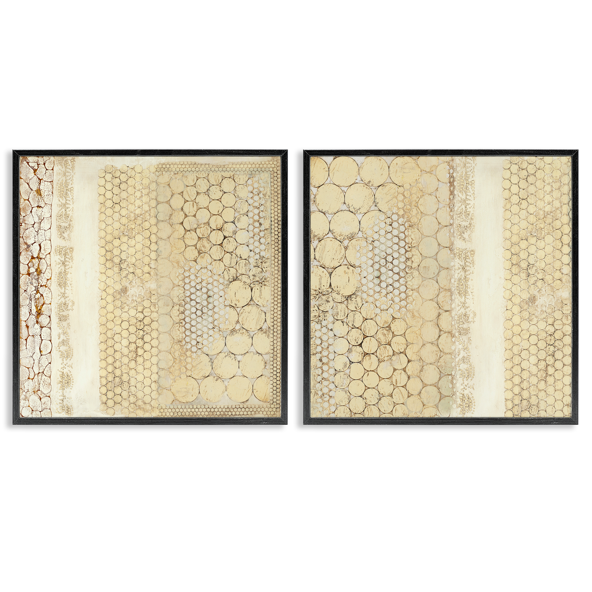 Stupell Industries Distressed Pale Yellow Circles Abstract Painting Black Framed Art Print Wall Art, 24 x 24, Set of 2