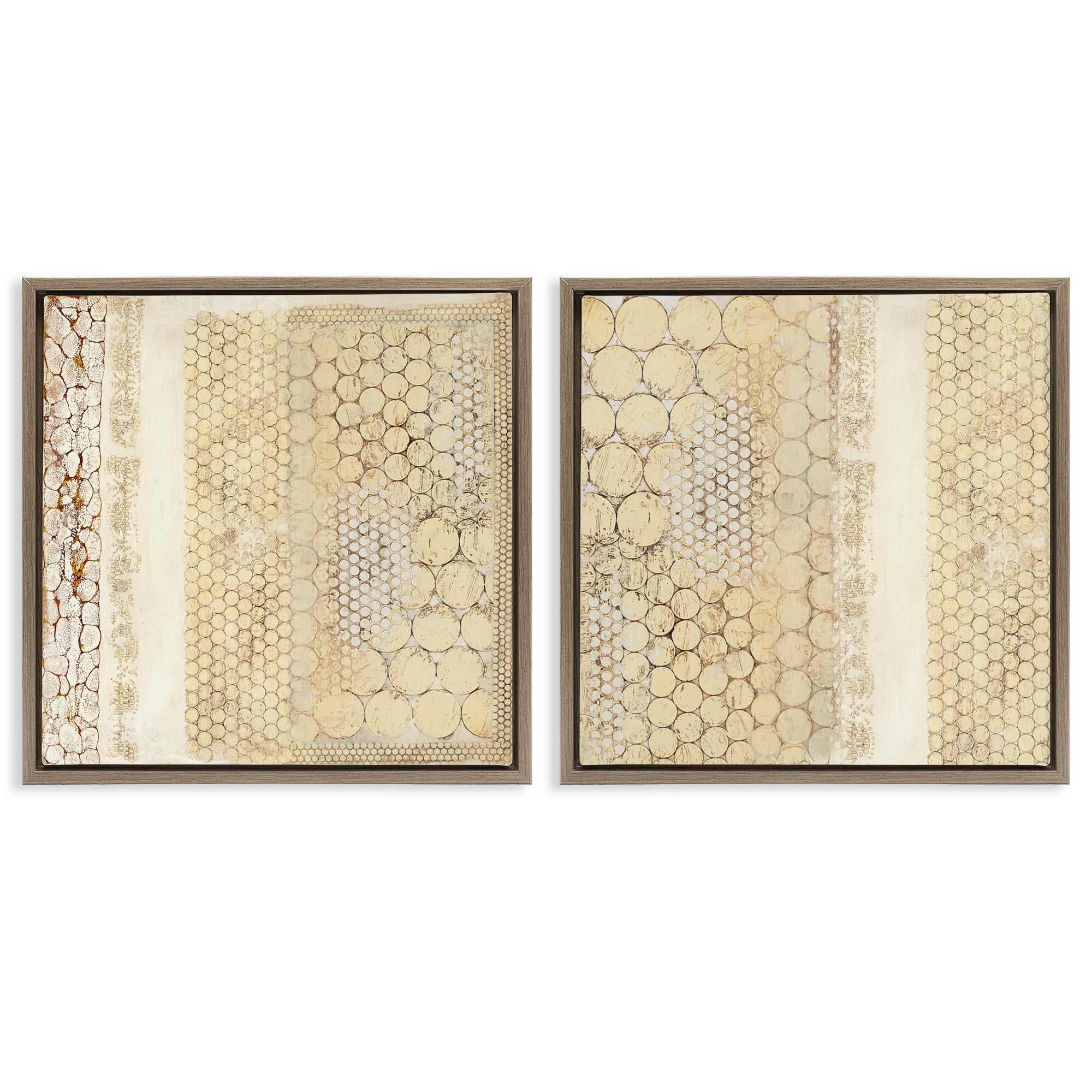 Stupell Industries Distressed Pale Yellow Circles Abstract Painting Brown Floater Framed Canvas Art Print Wall Art, 25 x 25, Set of 2
