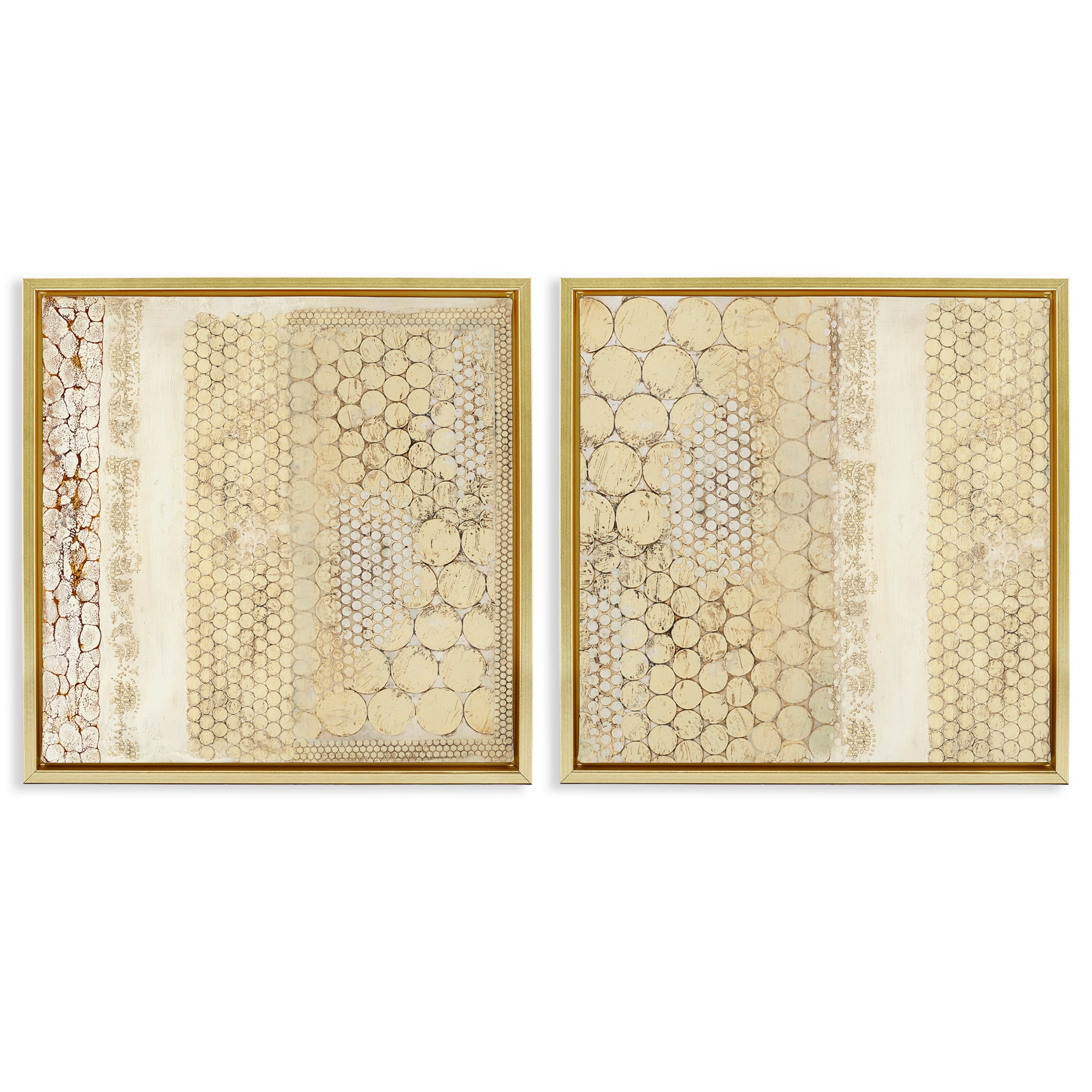 Stupell Industries Distressed Pale Yellow Circles Abstract Painting Gold Floater Framed Canvas Art Print Wall Art, 18 x 18, Set of 2