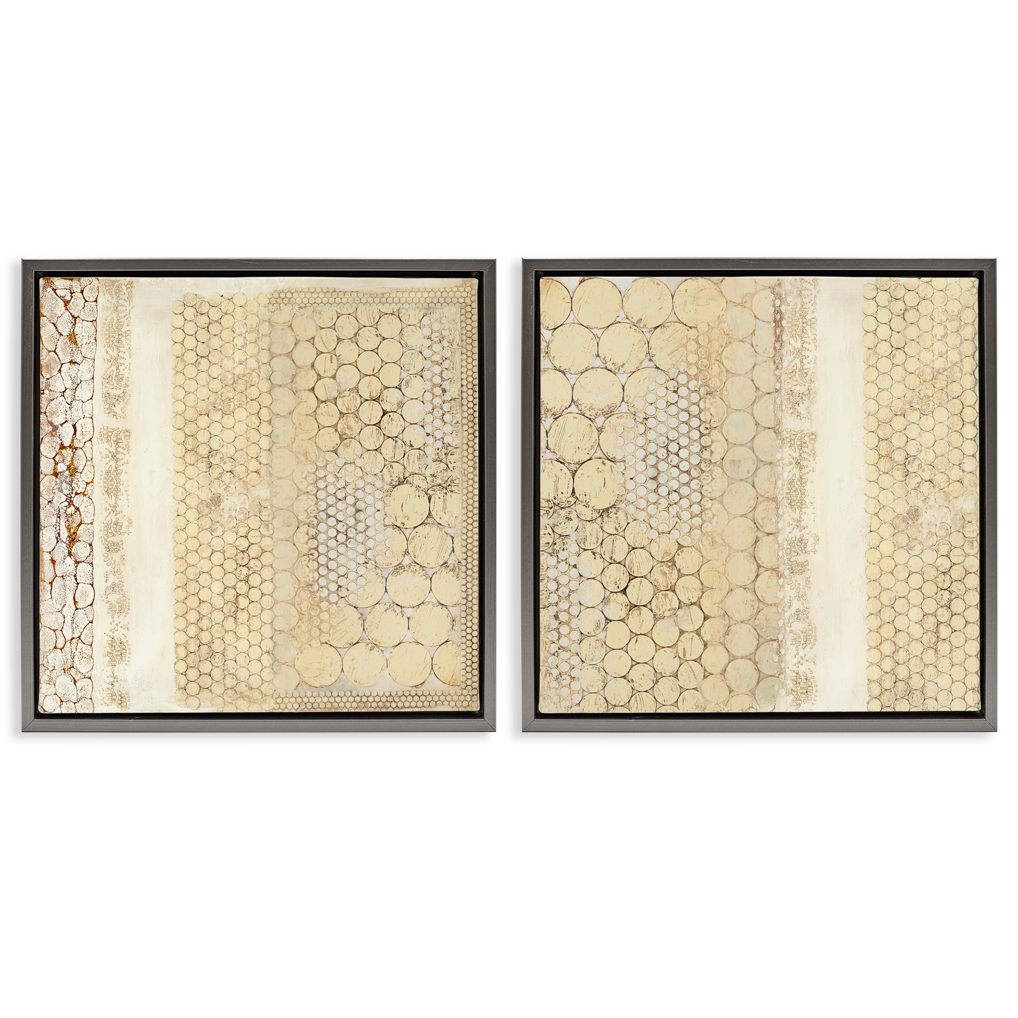 Stupell Industries Distressed Pale Yellow Circles Abstract Painting Gray Floater Framed Canvas Art Print Wall Art, 25 x 25, Set of 2
