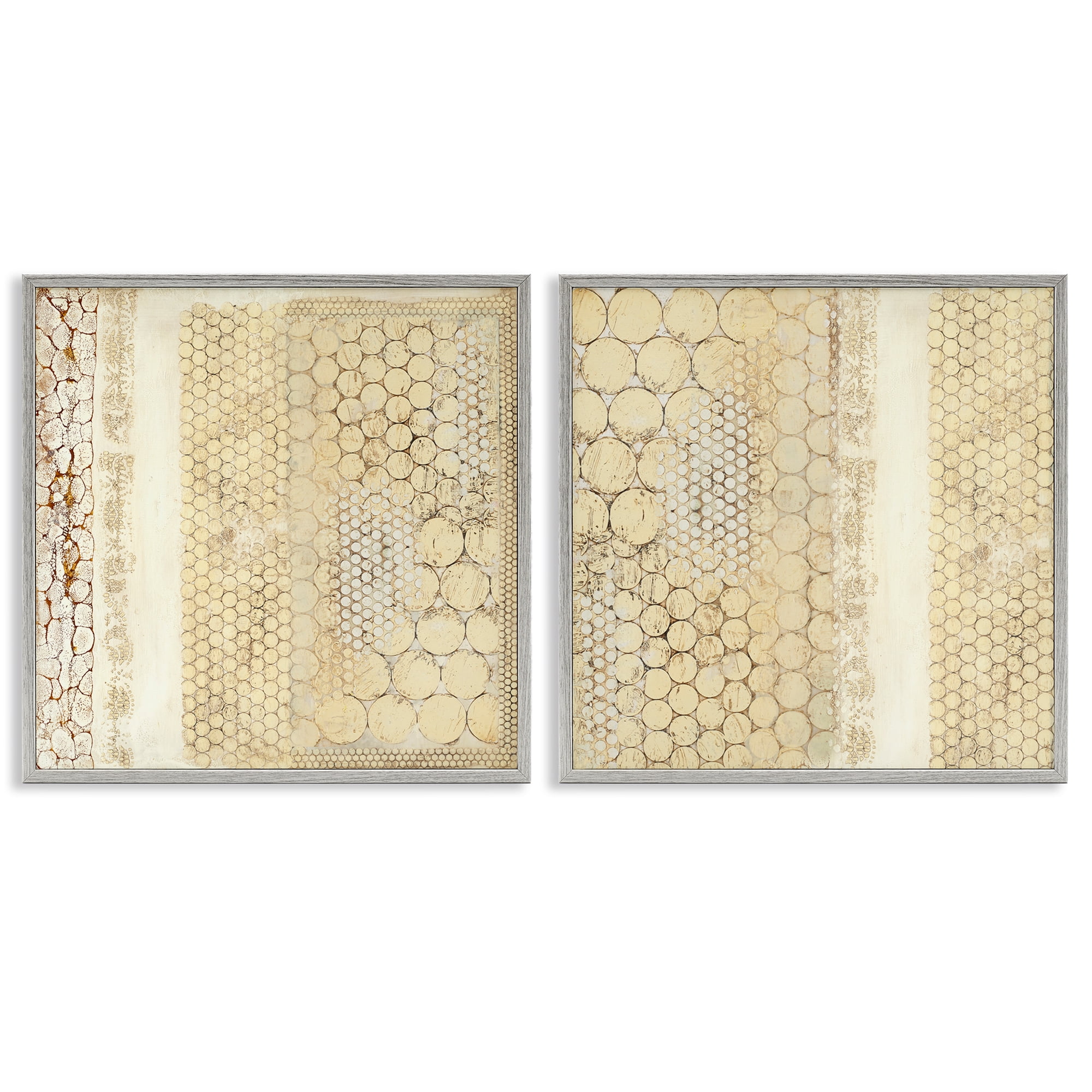 Stupell Industries Distressed Pale Yellow Circles Abstract Painting Gray Framed Art Print Wall Art, 24 x 24, Set of 2