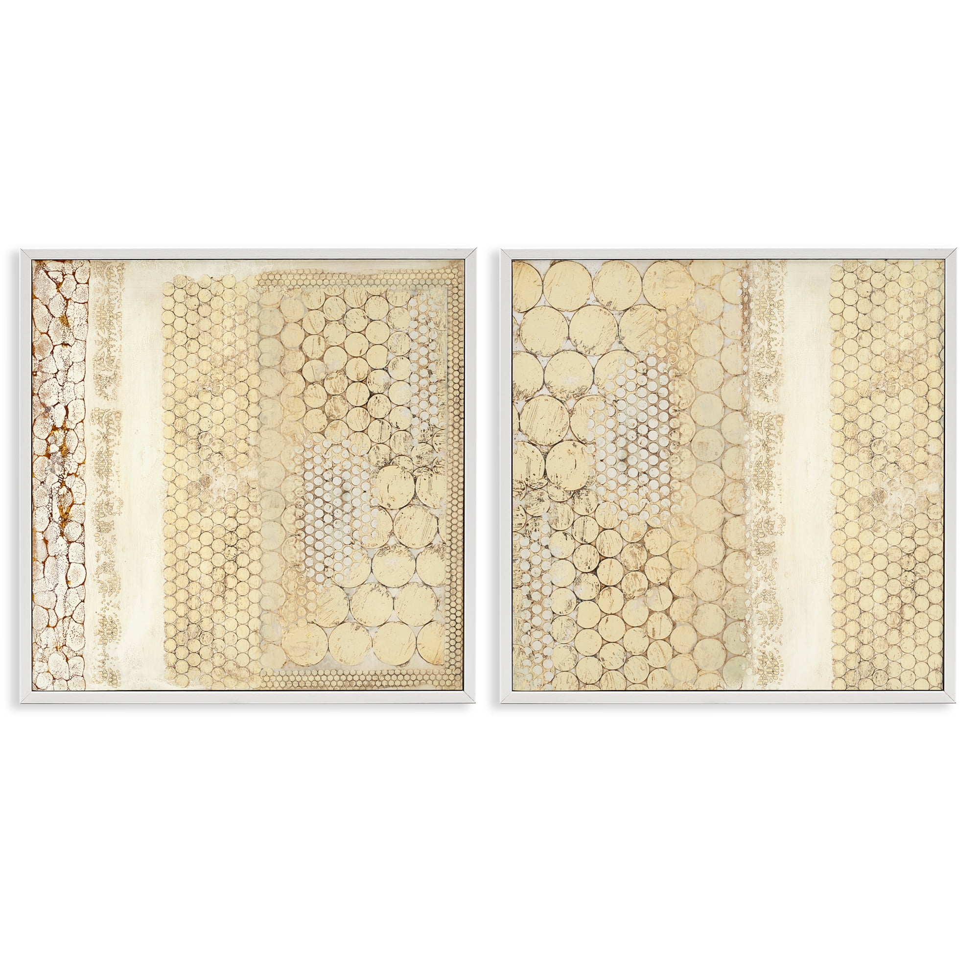 Stupell Industries Distressed Pale Yellow Circles Abstract Painting White Framed Art Print Wall Art, 24 x 24, Set of 2