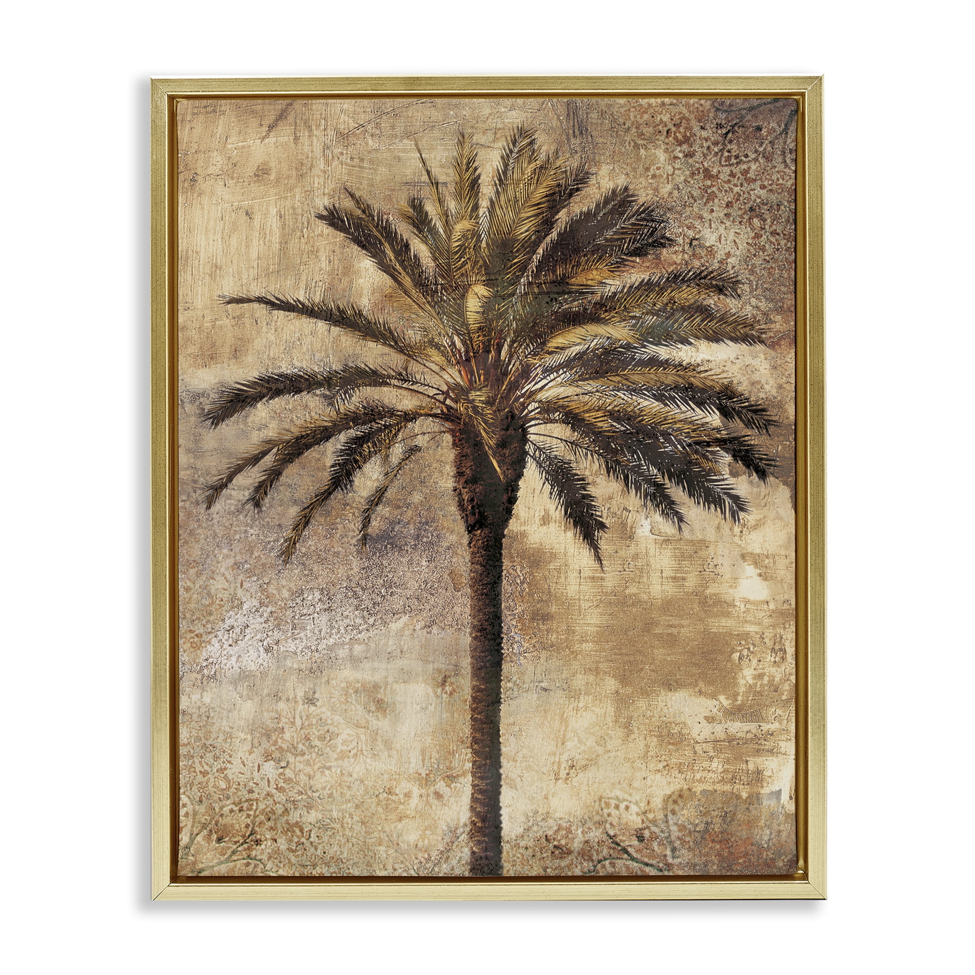 Stupell Industries Distressed Palm Tree Plants & Flowers Painting Gold Floater Framed Canvas Art Print Wall Art, 17 x 21