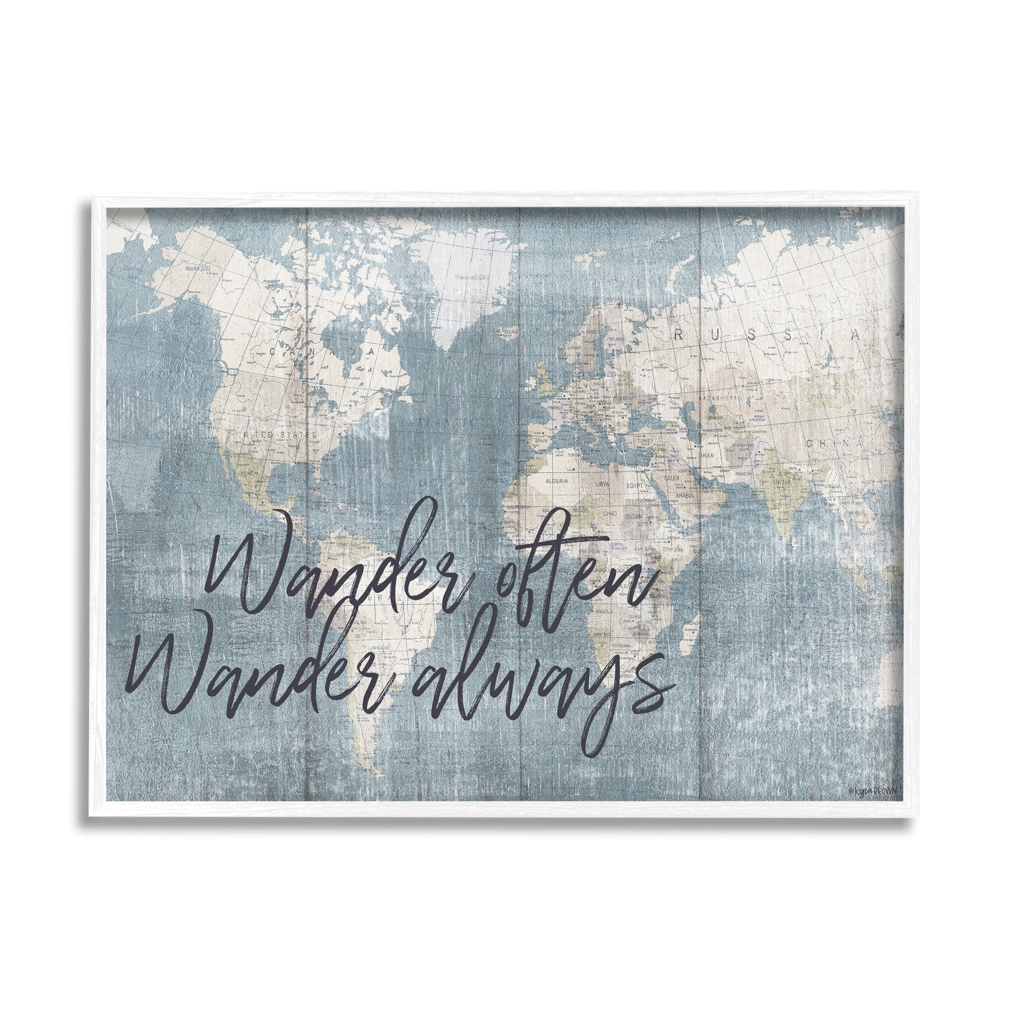 Stupell Industries Distressed Pattern World Map Wander Often Always Phrase Graphic Art White Framed Art Print Wall Art, 11x14, by Kyra Brown