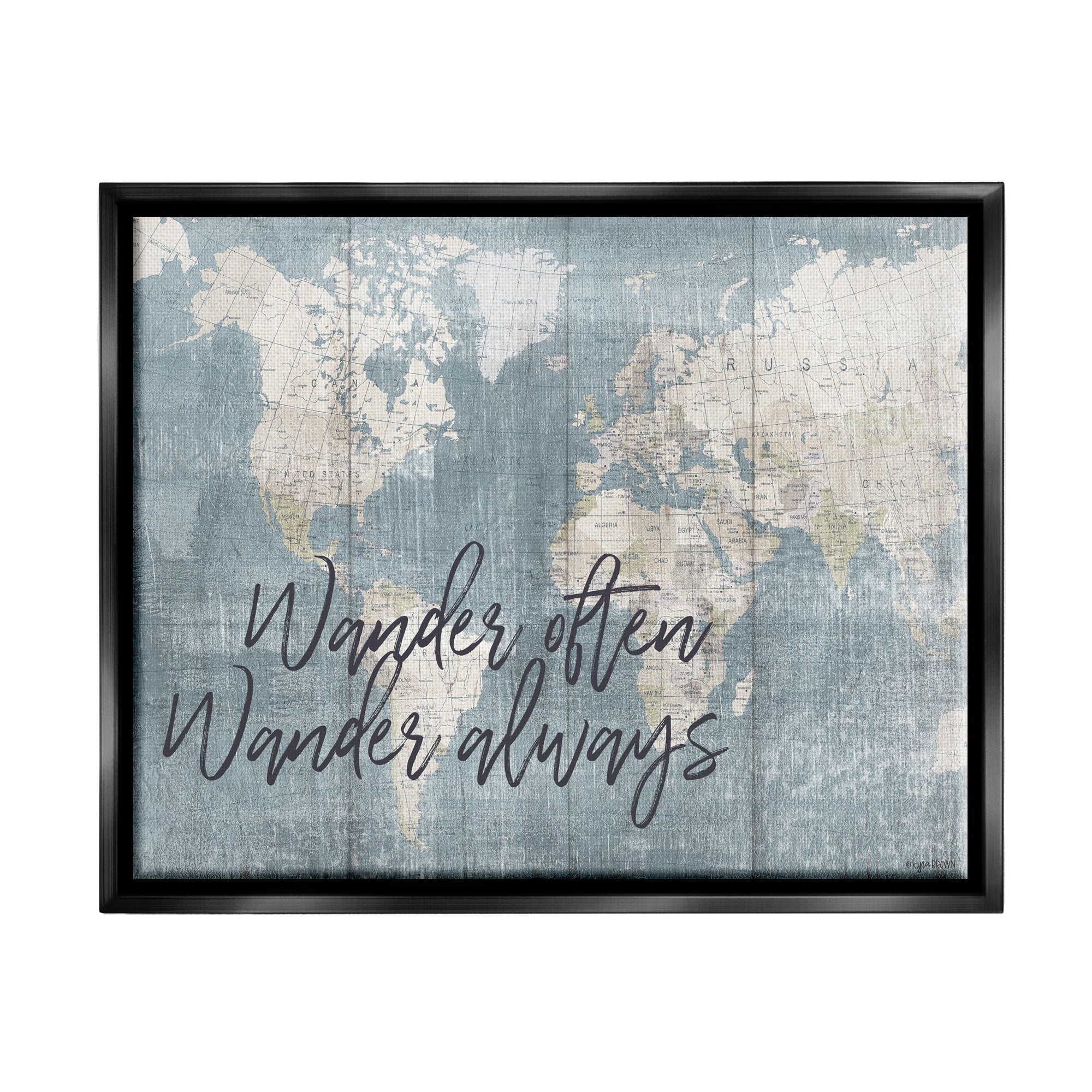 Stupell Industries Distressed Pattern World Map Wander Often Always Phrase Jet Black Framed Floating Canvas Wall Art, 16x20, by Kyra Brown
