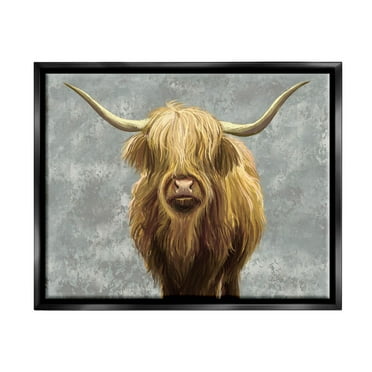 Stupell Industries Distressed Patterned Highland Cattle Graphic Art Jet Black Floating Framed Canvas Print Wall Art, Design by Ziwei Li