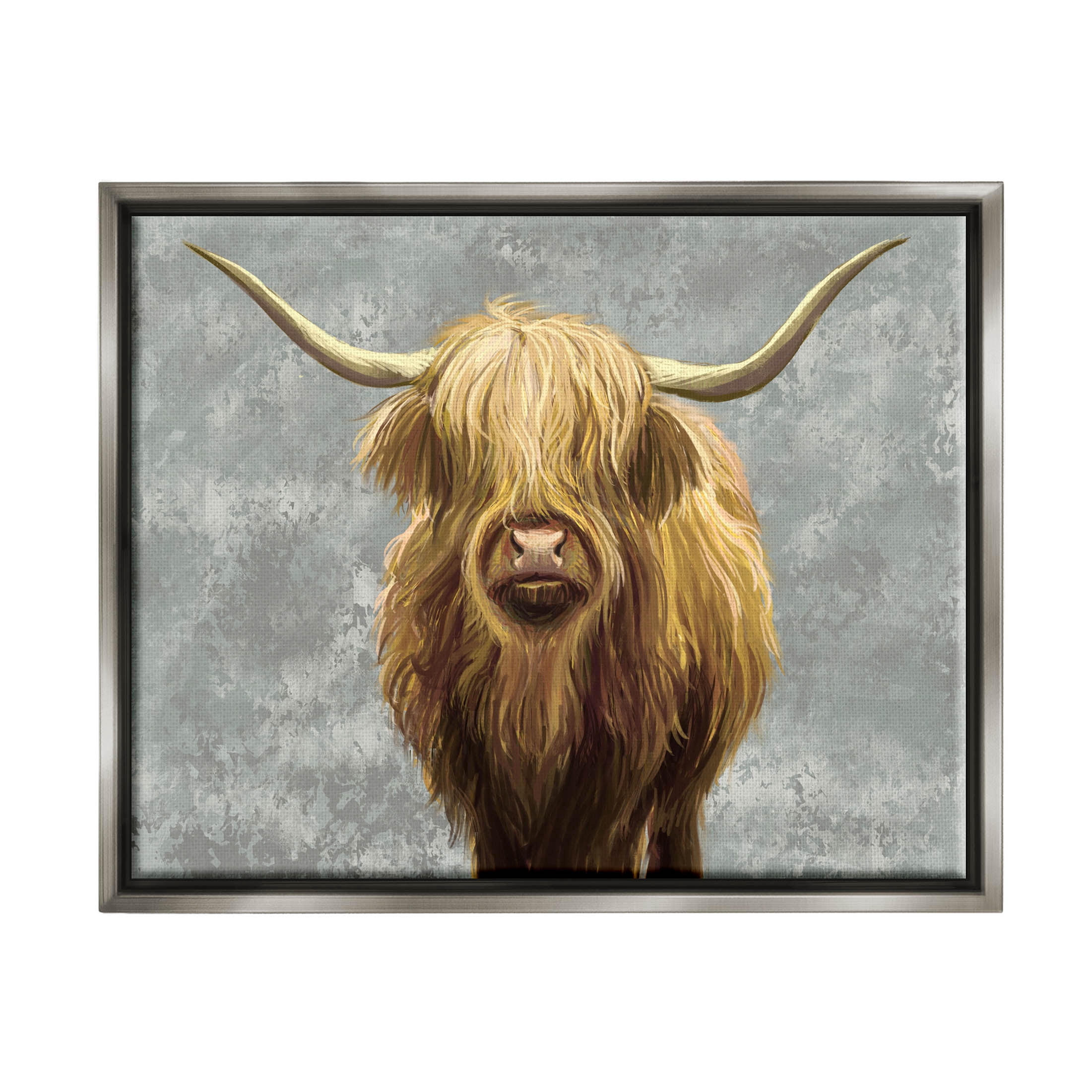Stupell Industries Distressed Patterned Highland Cattle Graphic Art Luster Gray Floating Framed Canvas Print Wall Art, Design by Ziwei Li