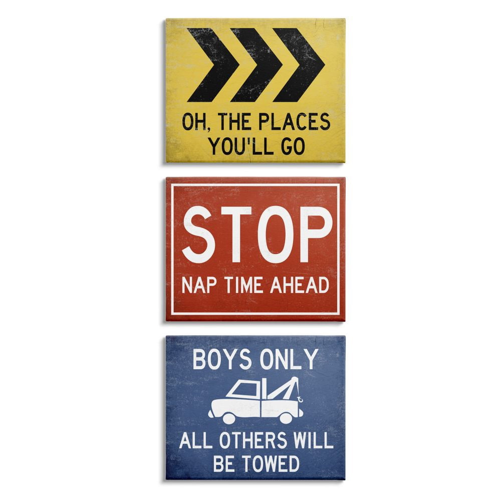 Stupell Industries Distressed Street Signs Boy's Room Transportation Theme Canvas Wall Art Design by Daphne Polselli, 3 Piece, 16" x 20"