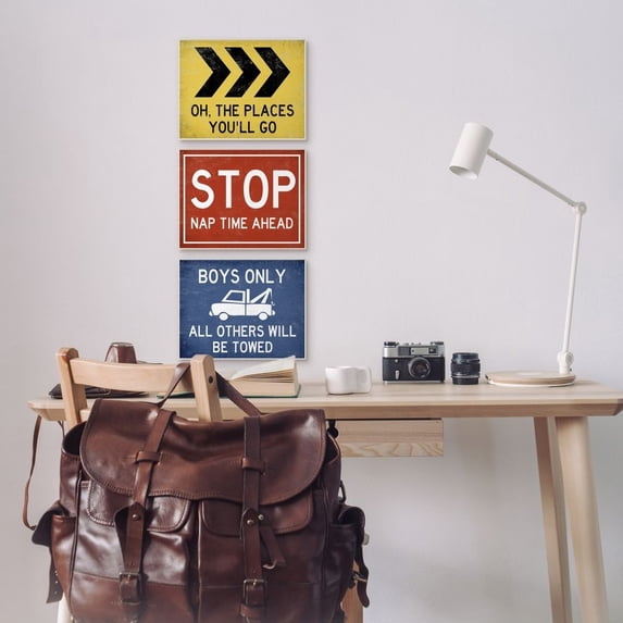 Stupell Industries Distressed Street Signs Boy's Room Transportation Theme Framed Wall Art Design by Daphne Polselli, 3 Piece, 16" x 20", Black Framed