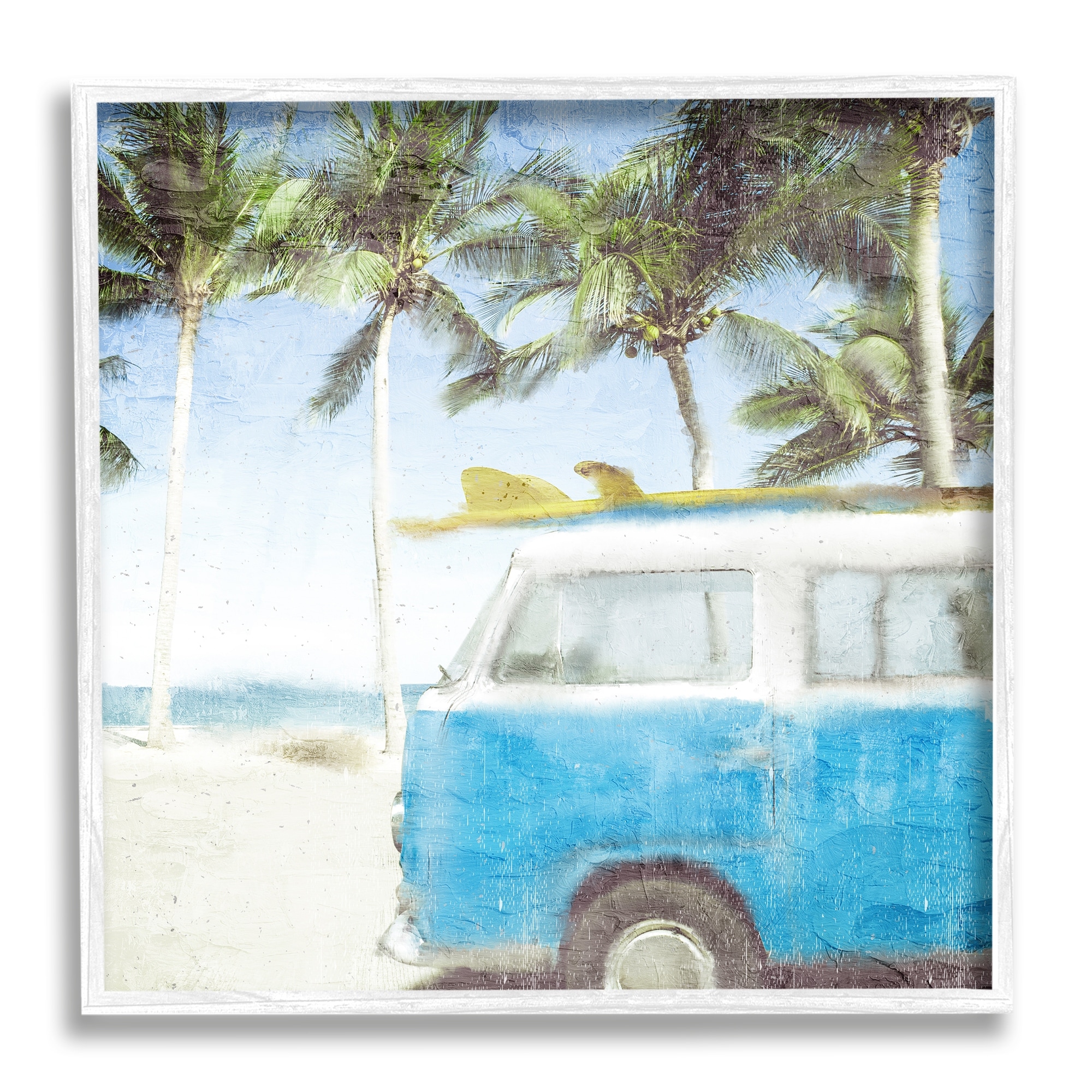 Stupell Industries Distressed Tropical Beach Surf Van Palm Trees Coastline, 17 x 17,Design by Kim Allen
