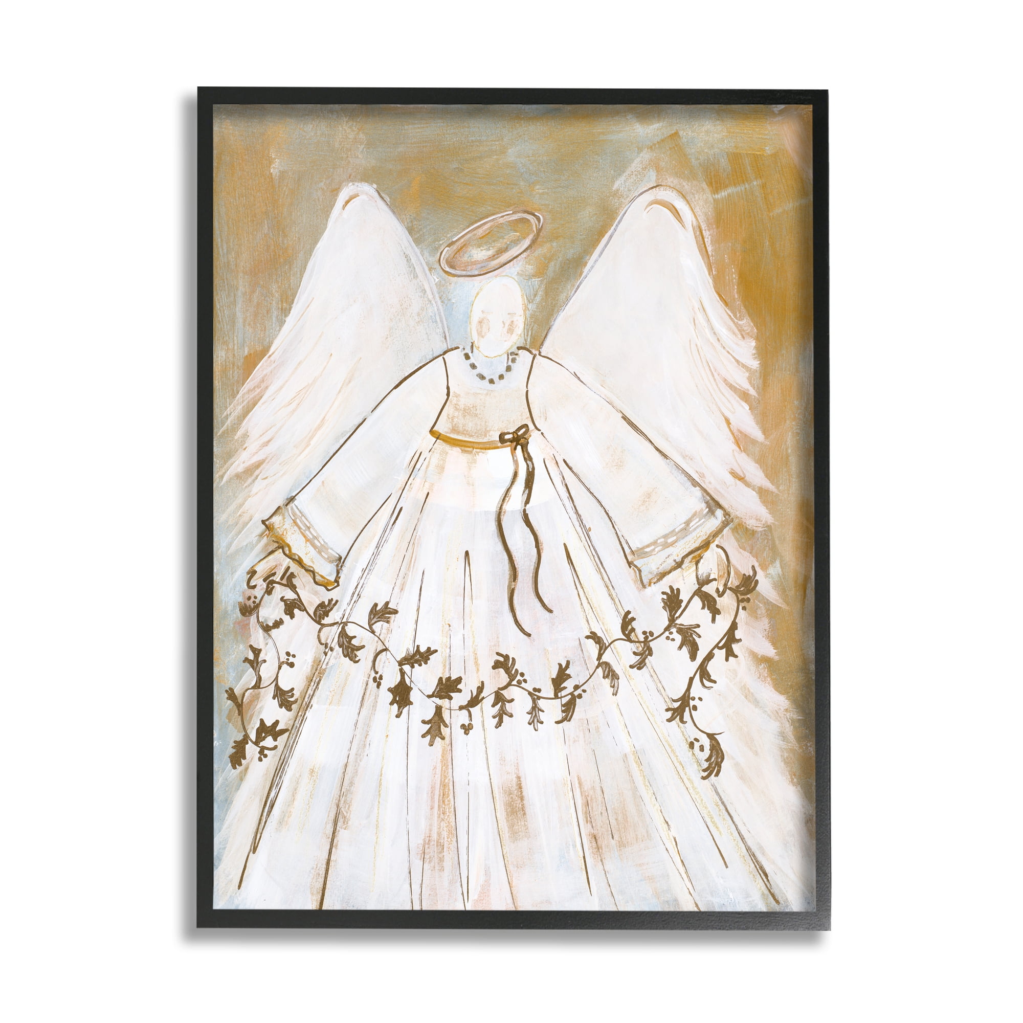 Stupell Industries Divine Angel Holding Winter Holy Vine Gold White Religious Painting Black Framed Art Print Wall Art, 24 x 30