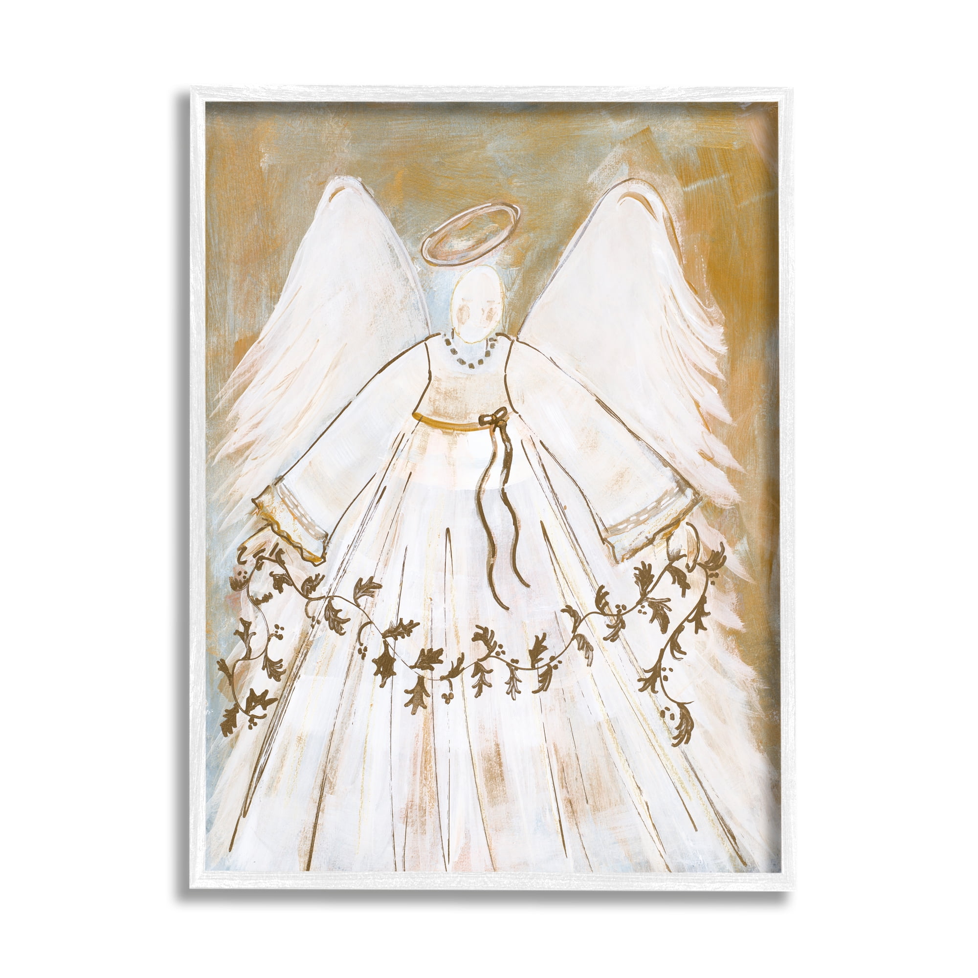 Stupell Industries Divine Angel Holding Winter Holy Vine Gold White Religious Painting White Framed Art Print Wall Art, 24 x 30